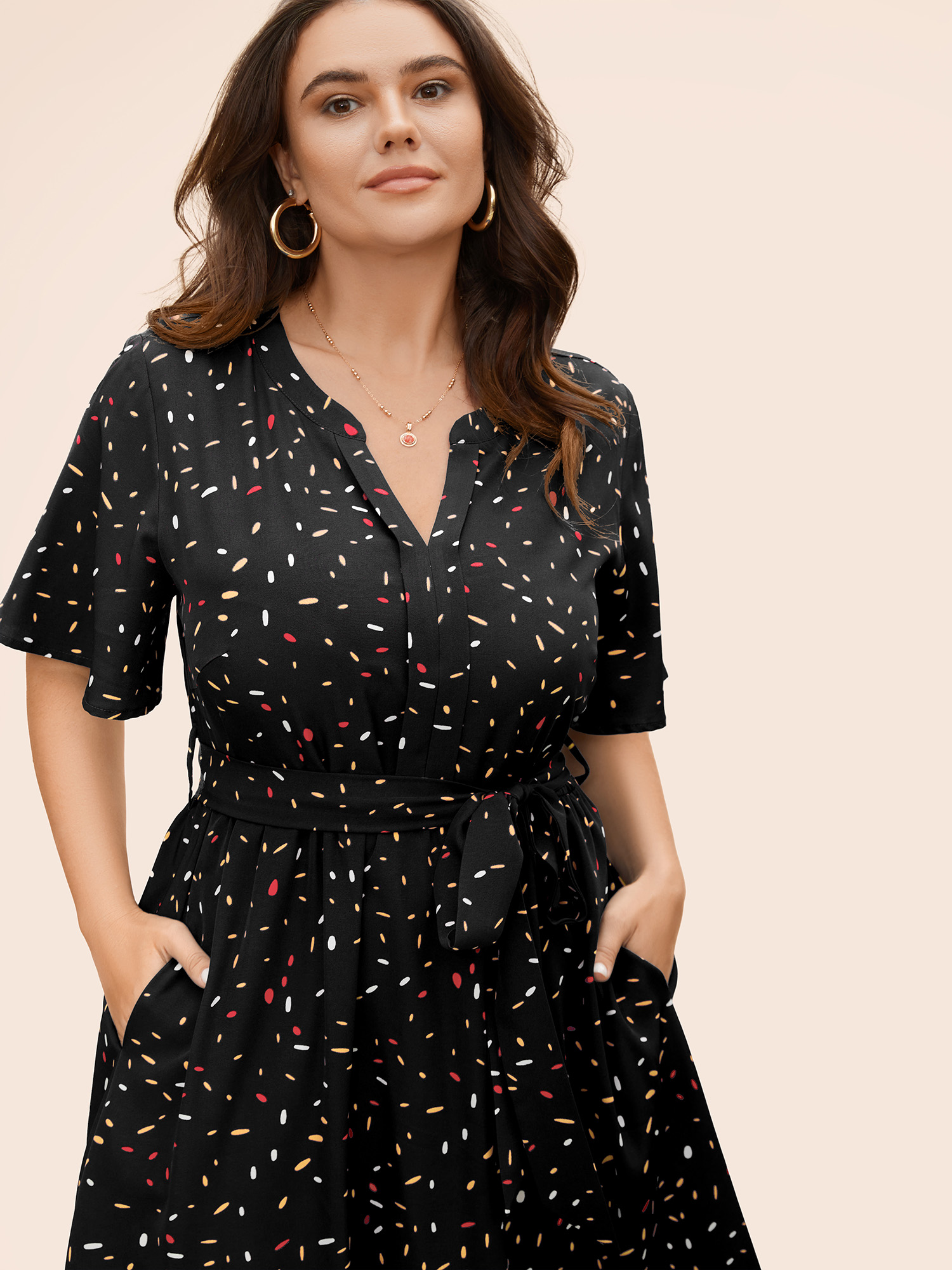 

Plus Size Split Neck Confetti Print Midi Dress Black Women Elegant Belted Notched collar Short sleeve Curvy BloomChic