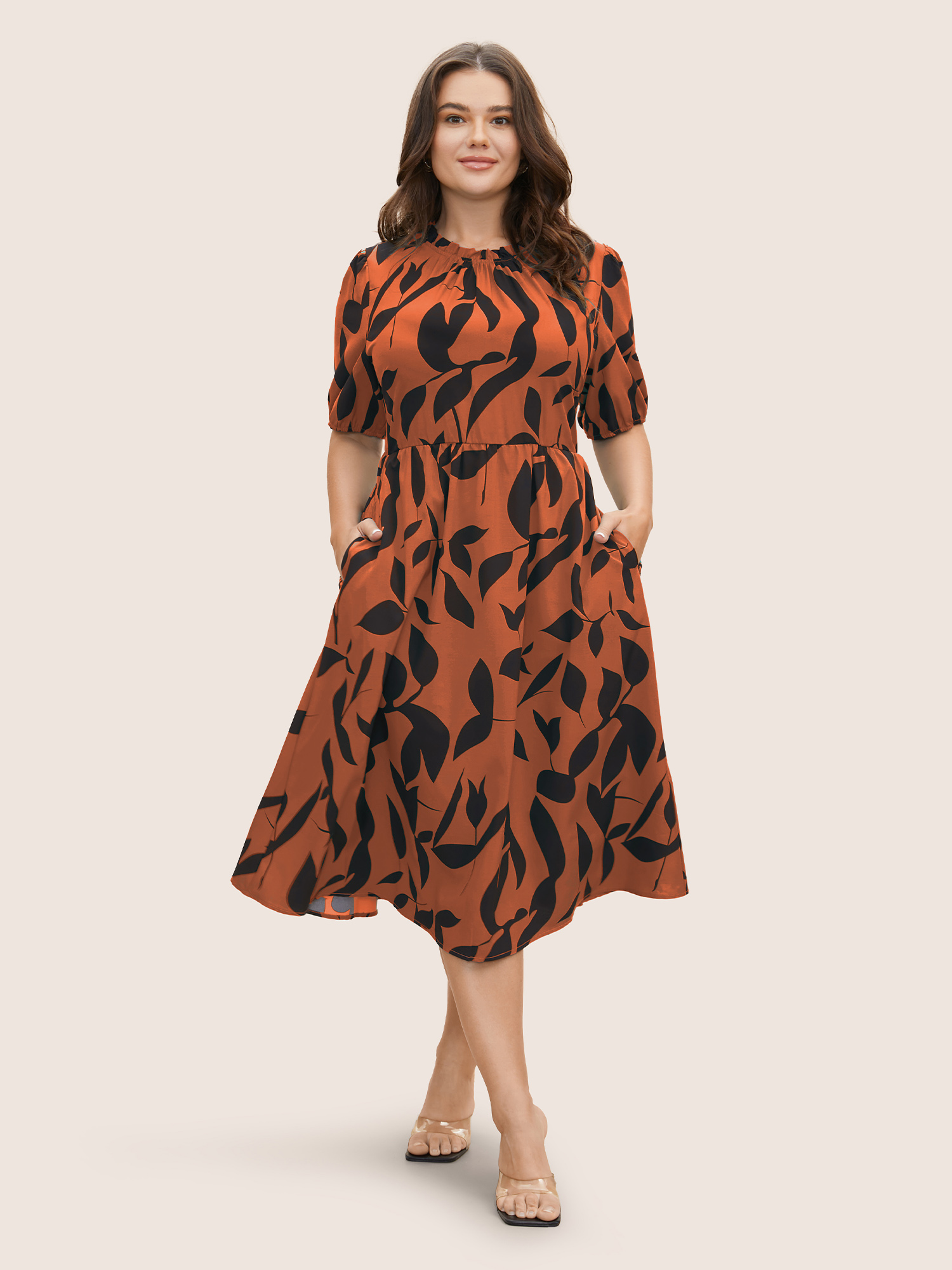 

Plus Size Silhouette Floral Print Mock Neck Midi Dress Coral Women Elegant Gathered Mock Neck Short sleeve Curvy BloomChic