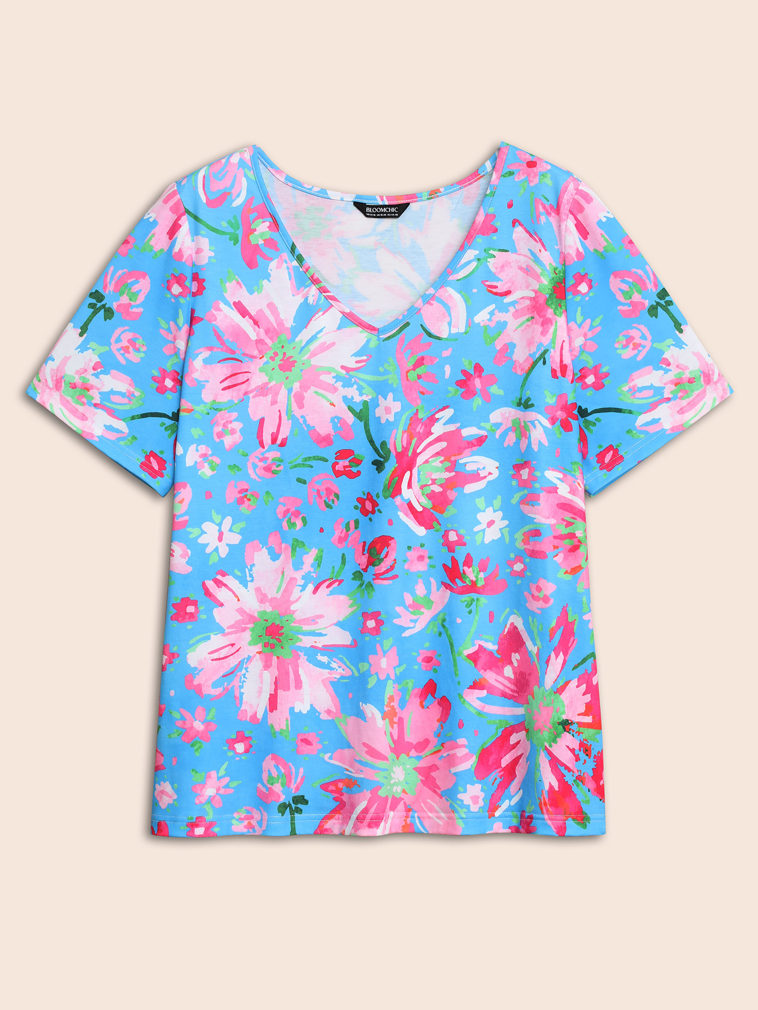 

Plus Size V Neck Natural Flowers T-shirt Multicolor Women Casual Non Natural Flowers V-neck Everyday T-shirts BloomChic