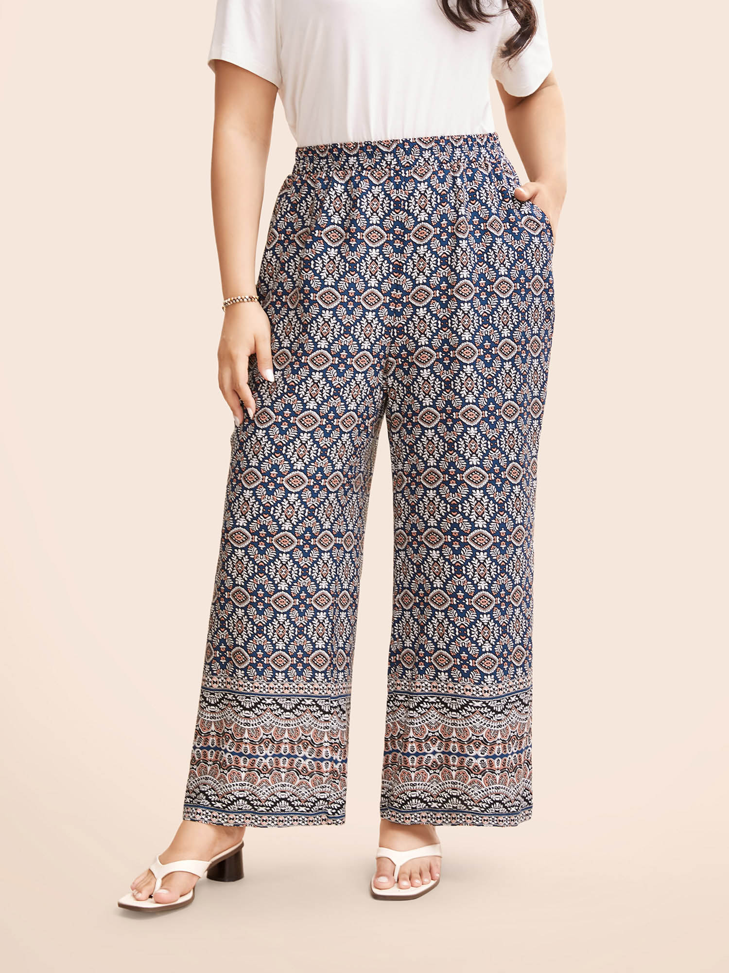 

Plus Size Boho Print Elastic Waist Wide Leg Pants Women Indigo Resort Wide Leg Mid Rise Vacation Pants BloomChic