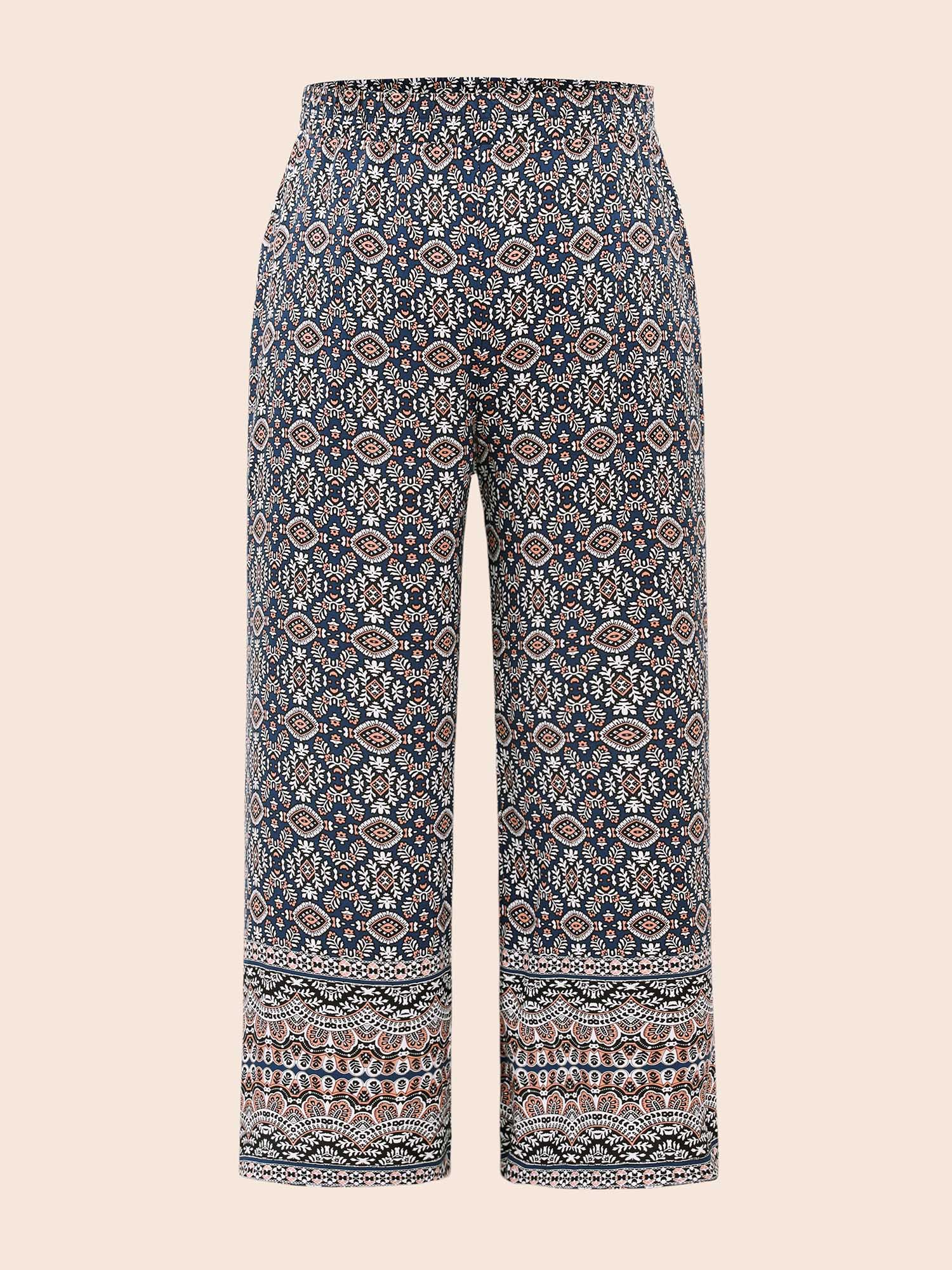 

Plus Size Boho Print Elastic Waist Wide Leg Pants Women Indigo Resort Wide Leg Mid Rise Vacation Pants BloomChic