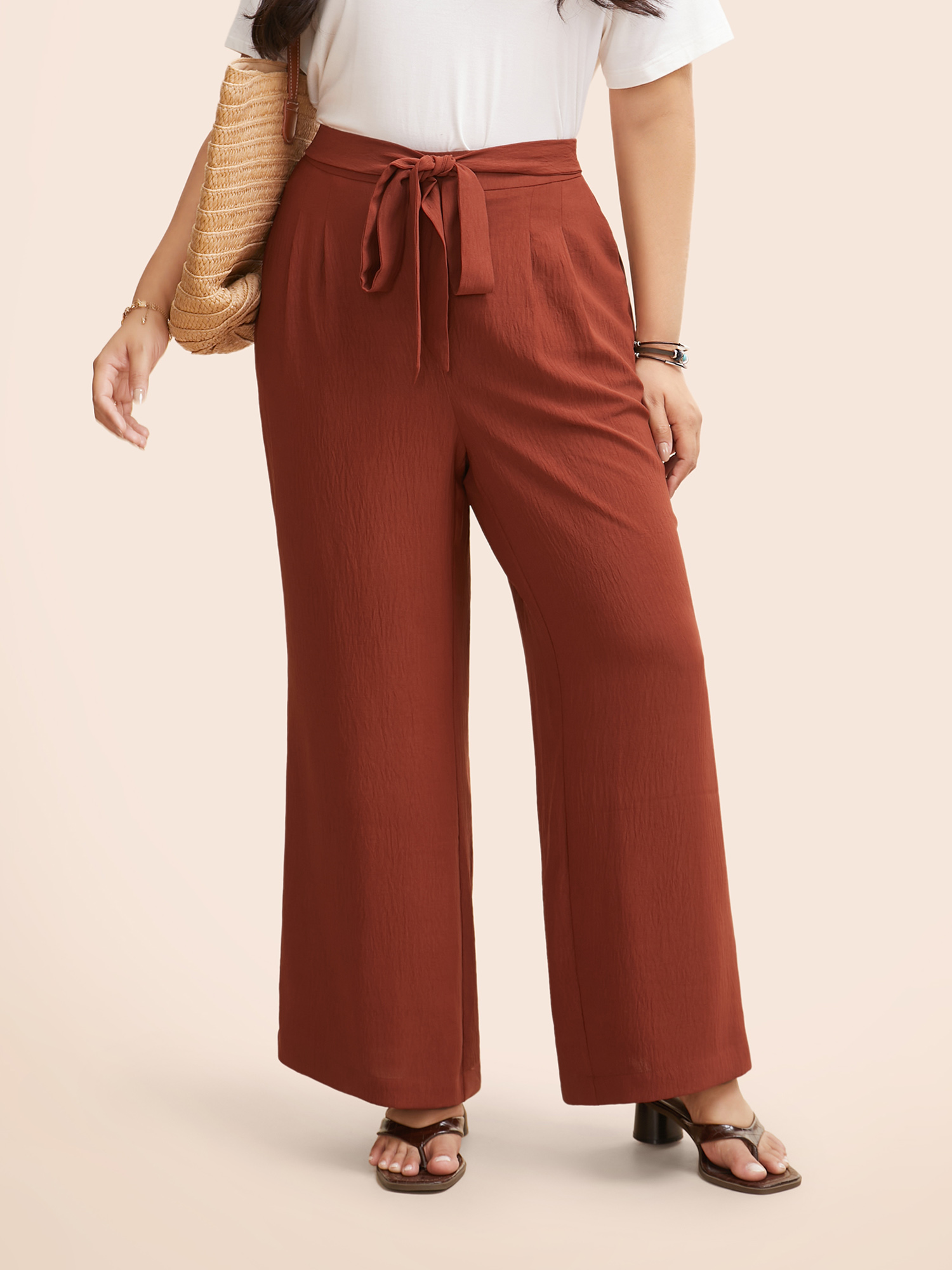 

Plus Size Solid Tie Knot Wide Leg Pants Women Russet Resort Wide Leg Mid Rise Vacation Pants BloomChic