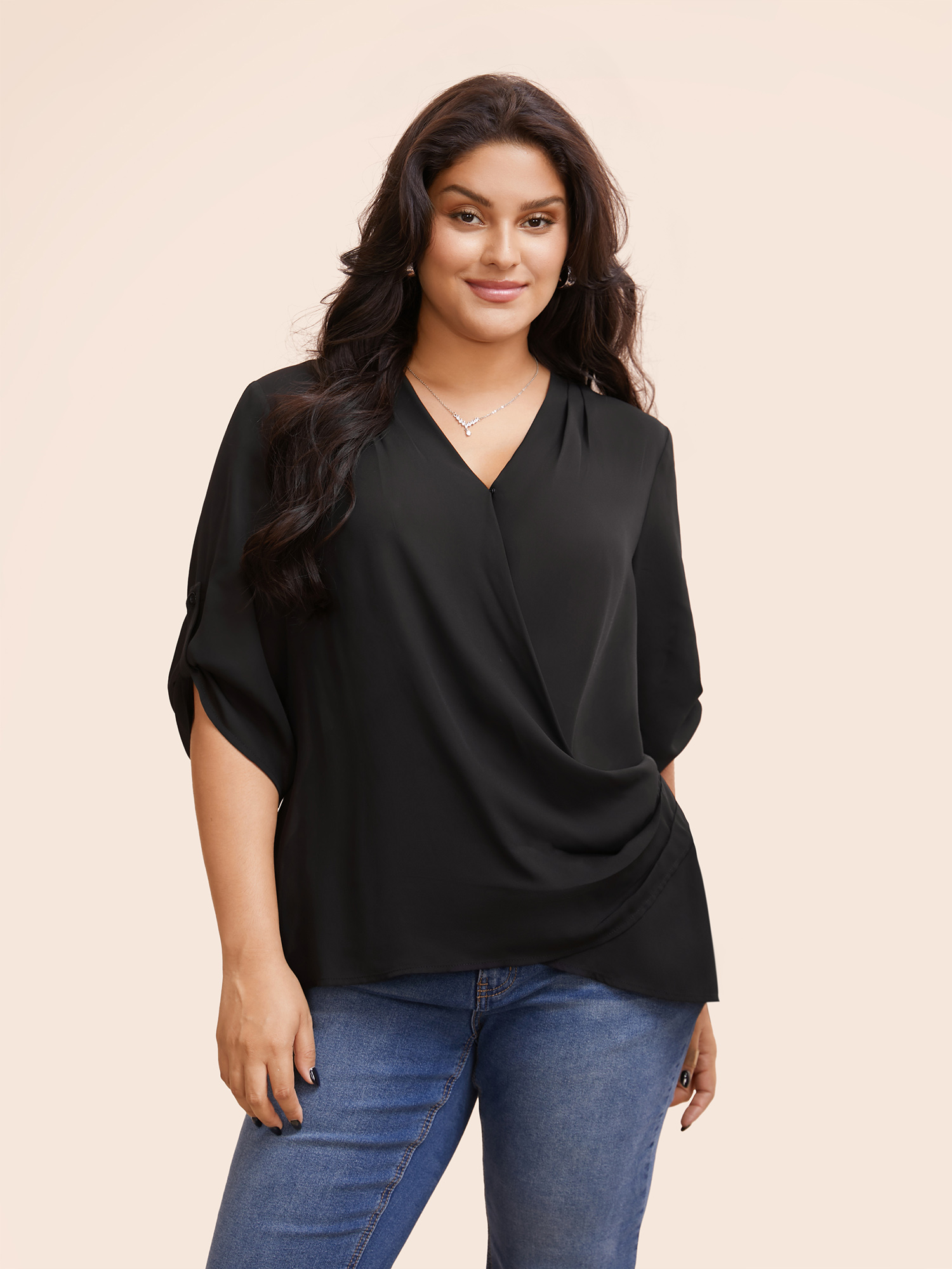 

Plus Size Black Overlap Collar Gathered Tab Sleeve Blouse Women Elegant Elbow-length sleeve Overlap Collar Everyday Blouses BloomChic