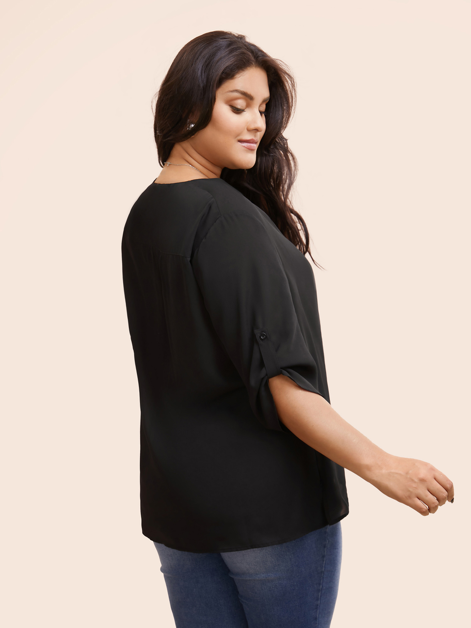 

Plus Size Black Overlap Collar Gathered Tab Sleeve Blouse Women Elegant Elbow-length sleeve Overlap Collar Everyday Blouses BloomChic