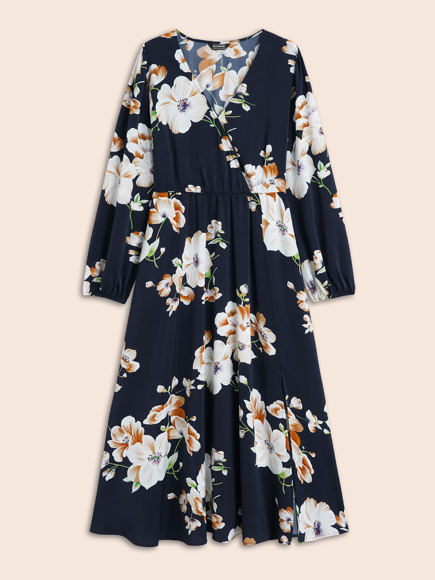 

Plus Size Bloom Dress - Floral Lantern Sleeve Pocket Split Surplice Neck Flutter Maxi Dress DarkBlue Women Elegant Printed V-neck Long Sleeve Curvy Long Dress BloomChic