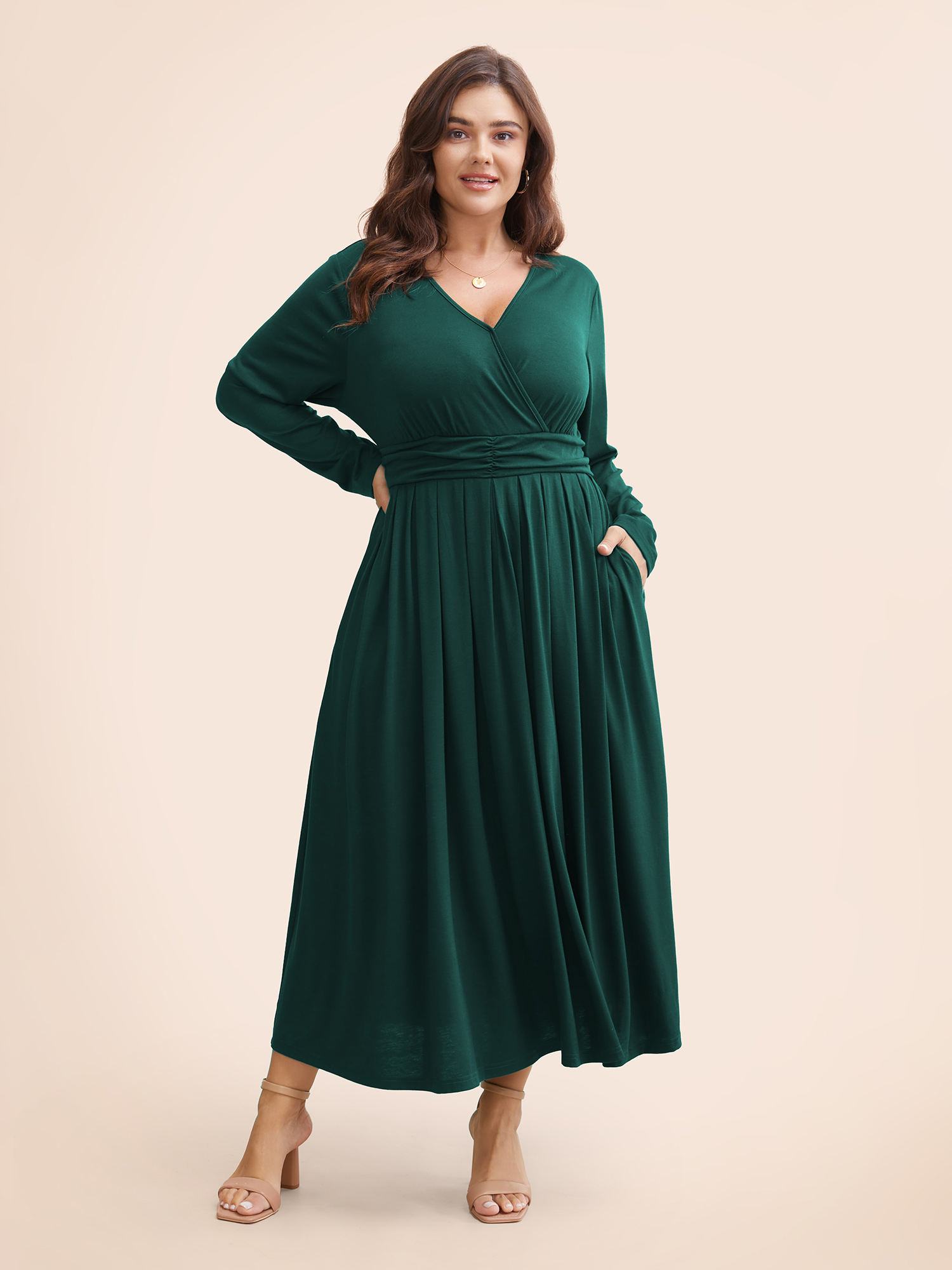 

Plus Size Supersoft Essentials Ruched Wrap Pleated Hem Dress DarkGreen Women Casual Non Overlap Collar Long Sleeve Curvy Midi Dress BloomChic