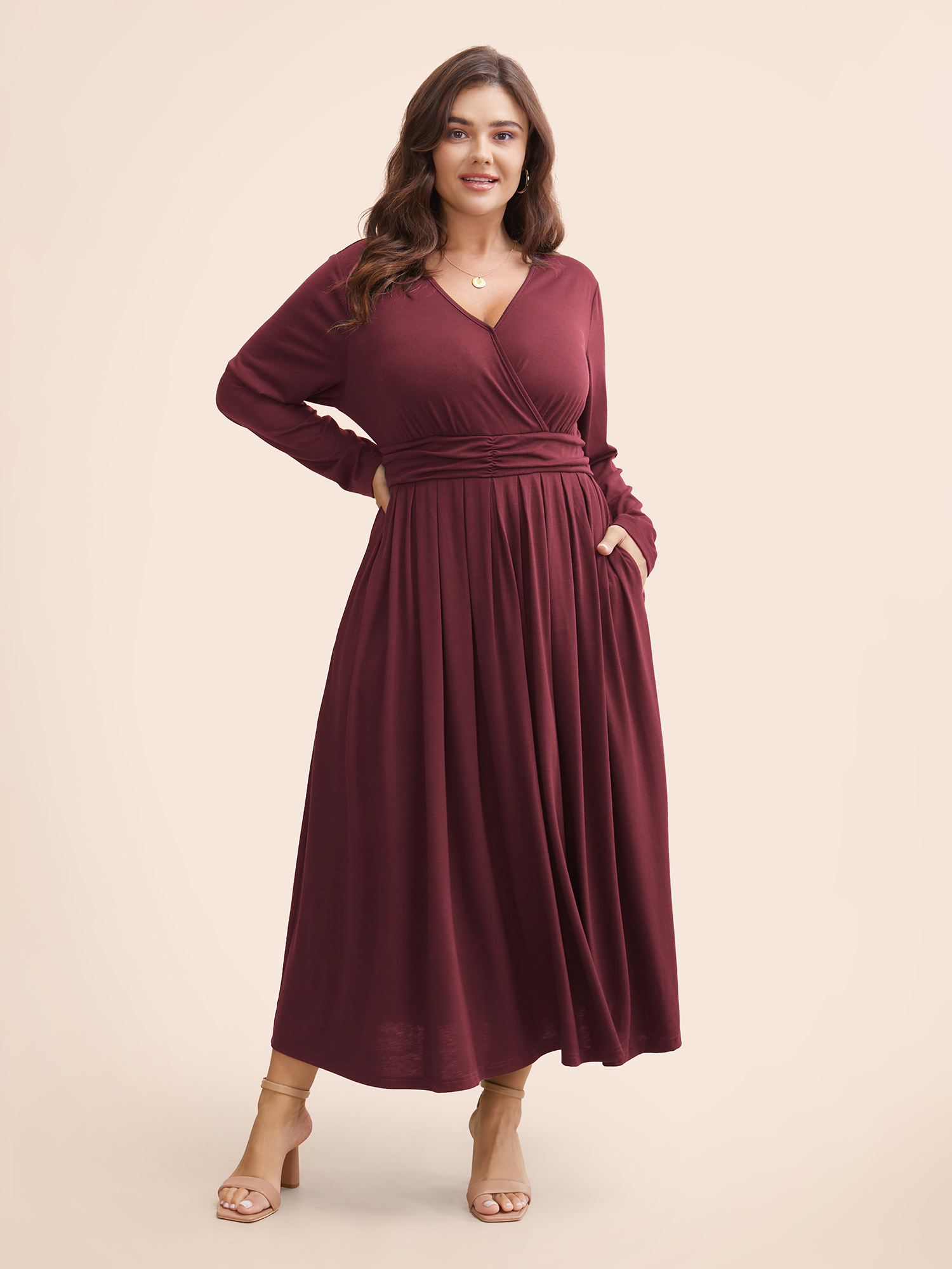 

Plus Size Supersoft Essentials Ruched Wrap Pleated Hem Dress Burgundy Women Casual Non Overlap Collar Long Sleeve Curvy Midi Dress BloomChic