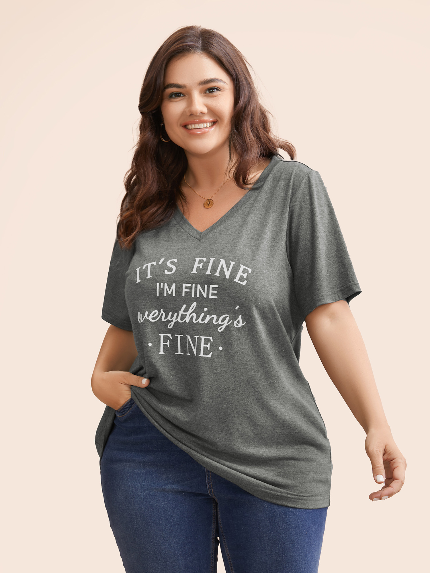 

Plus Size Letter Print V Neck T-shirt DimGray Women Casual Positive slogan Round Neck Dailywear T-shirts BloomChic