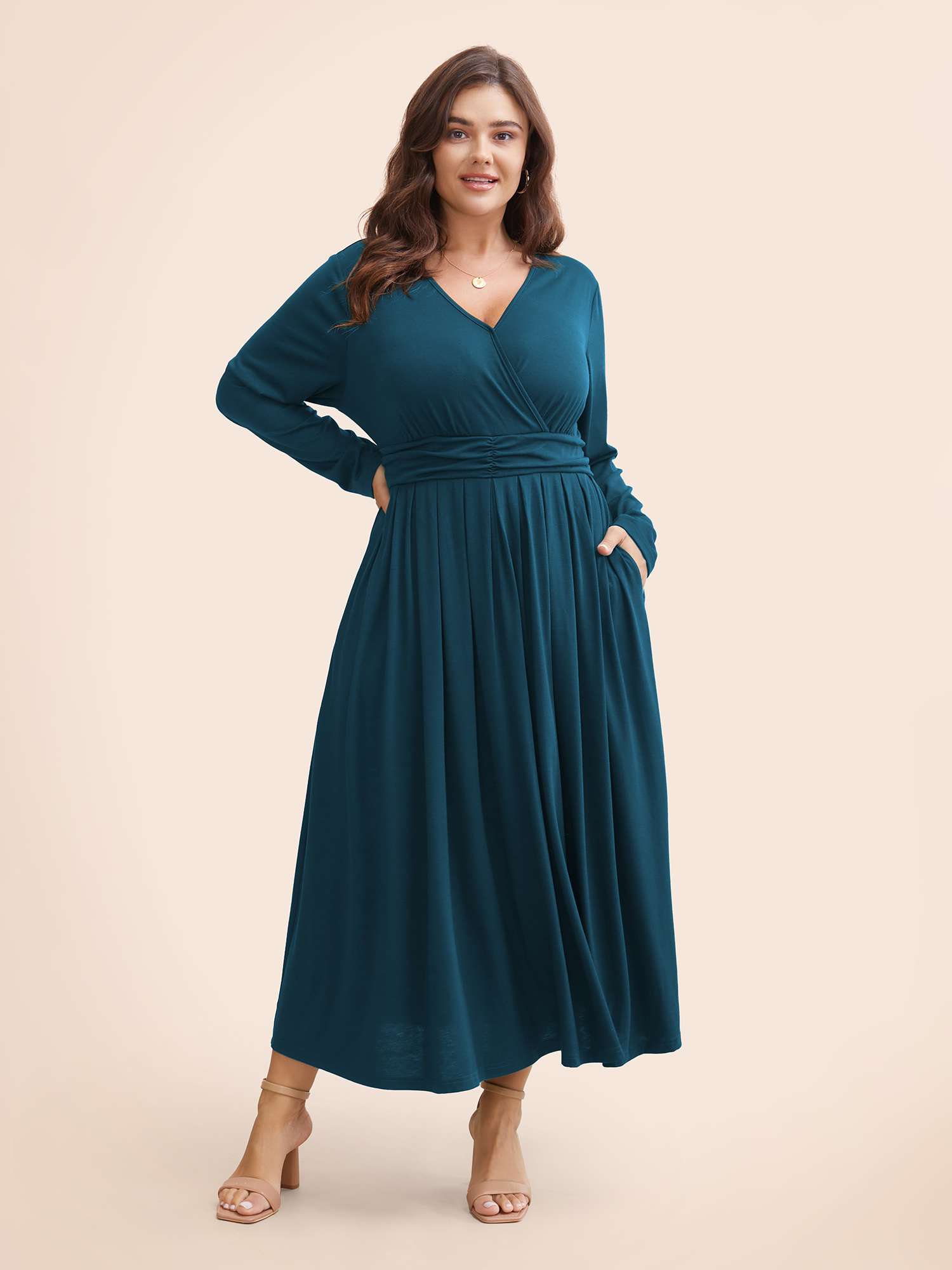 

Plus Size Supersoft Essentials Ruched Wrap Pleated Hem Dress Aegean Women Casual Non Overlap Collar Long Sleeve Curvy Midi Dress BloomChic