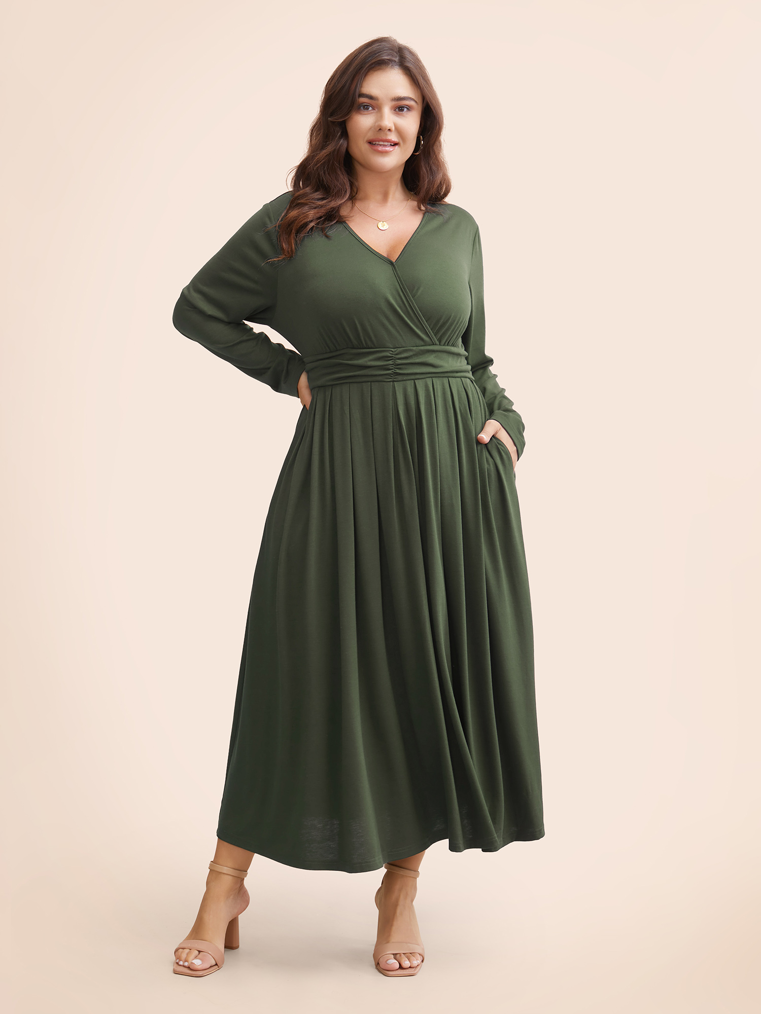 

Plus Size Supersoft Essentials Ruched Wrap Pleated Hem Dress ArmyGreen Women Casual Non Overlap Collar Long Sleeve Curvy Midi Dress BloomChic