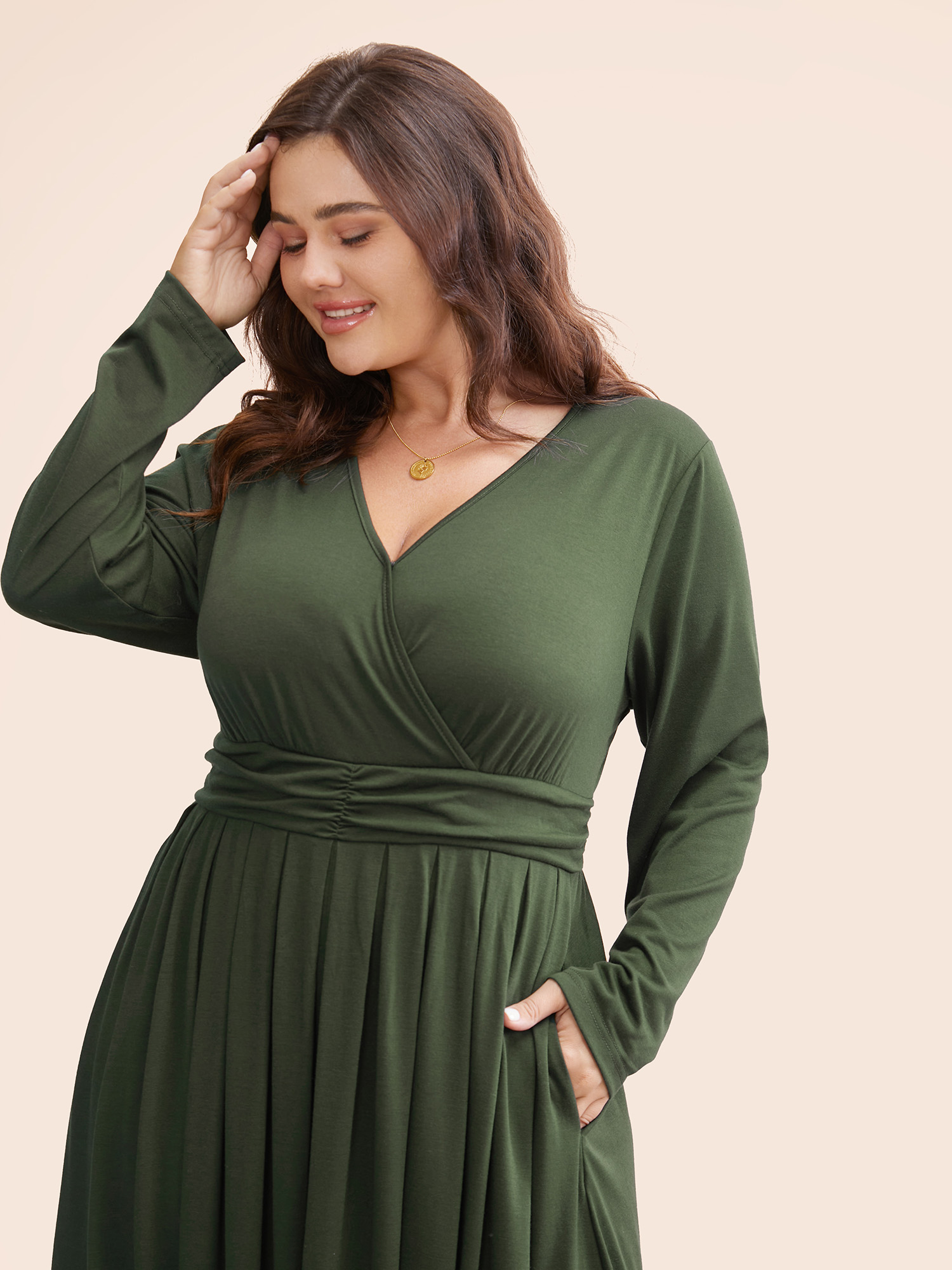 

Plus Size Supersoft Essentials Ruched Wrap Pleated Hem Dress ArmyGreen Women Casual Non Overlap Collar Long Sleeve Curvy Midi Dress BloomChic