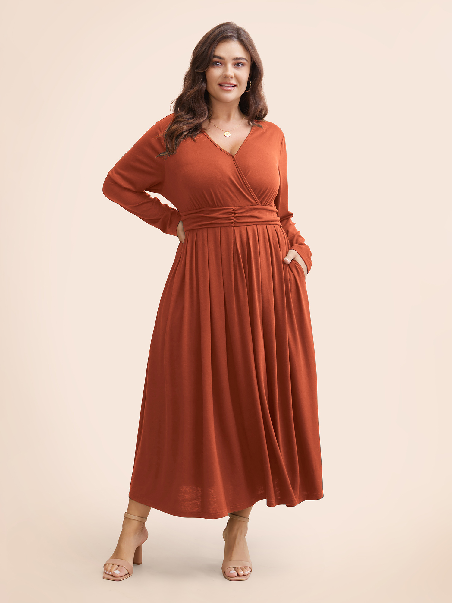 

Plus Size Supersoft Essentials Ruched Wrap Pleated Hem Dress Chocolate Women Casual Non Overlap Collar Long Sleeve Curvy Midi Dress BloomChic