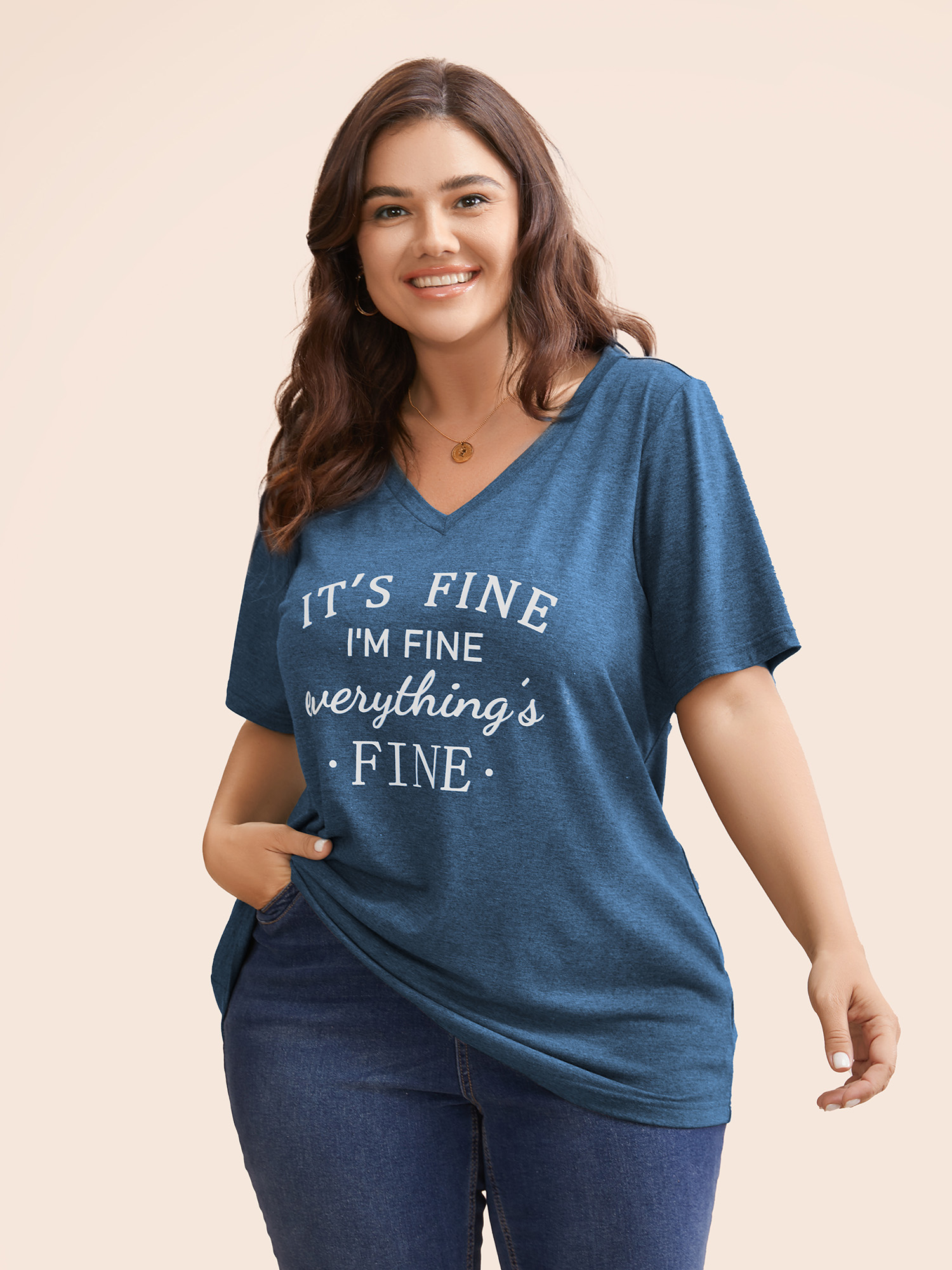 

Plus Size Letter Print V Neck T-shirt Blue Women Casual Positive slogan Round Neck Dailywear T-shirts BloomChic