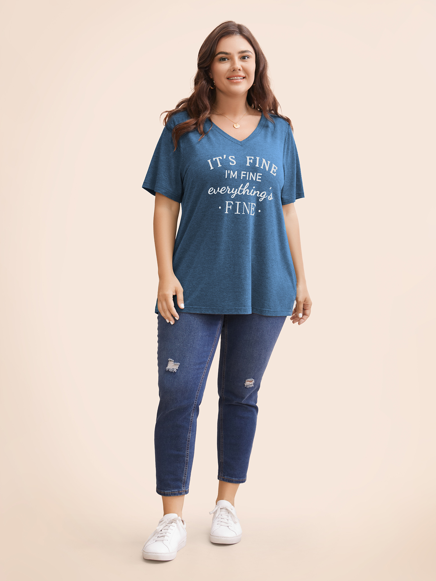 

Plus Size Letter Print V Neck T-shirt Blue Women Casual Positive slogan Round Neck Dailywear T-shirts BloomChic