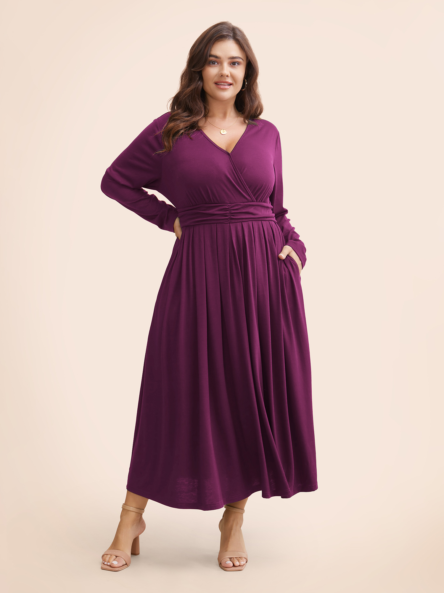 

Plus Size Supersoft Essentials Ruched Wrap Pleated Hem Dress Purple Women Casual Non Overlap Collar Long Sleeve Curvy Midi Dress BloomChic