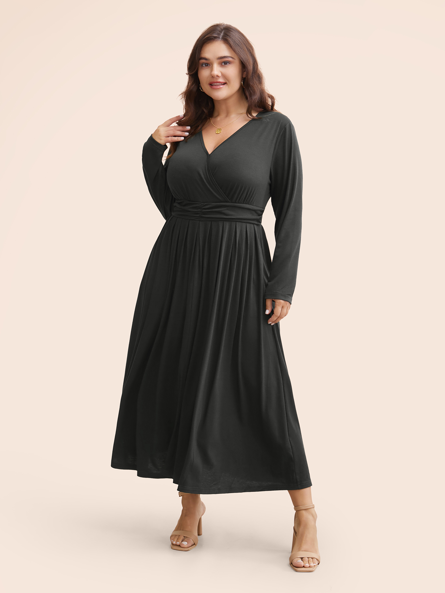 

Plus Size Supersoft Essentials Ruched Wrap Pleated Hem Dress DimGray Women Casual Non Overlap Collar Long Sleeve Curvy Midi Dress BloomChic