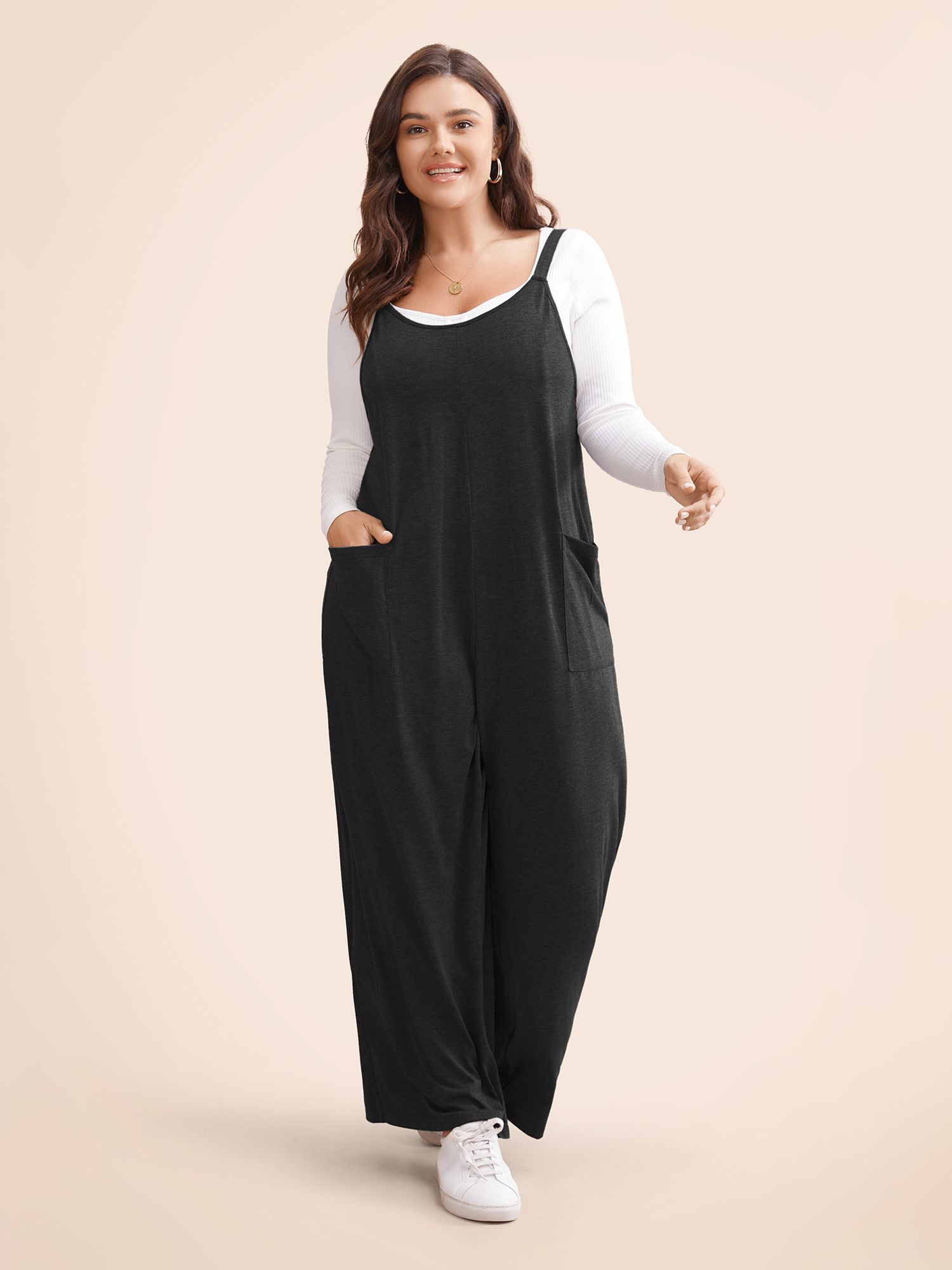 

Plus Size Black Supersoft Essentials Solid Patched Pocket Overall Cami Jumpsuit Women Casual Sleeveless Spaghetti Strap Dailywear Loose Jumpsuits BloomChic