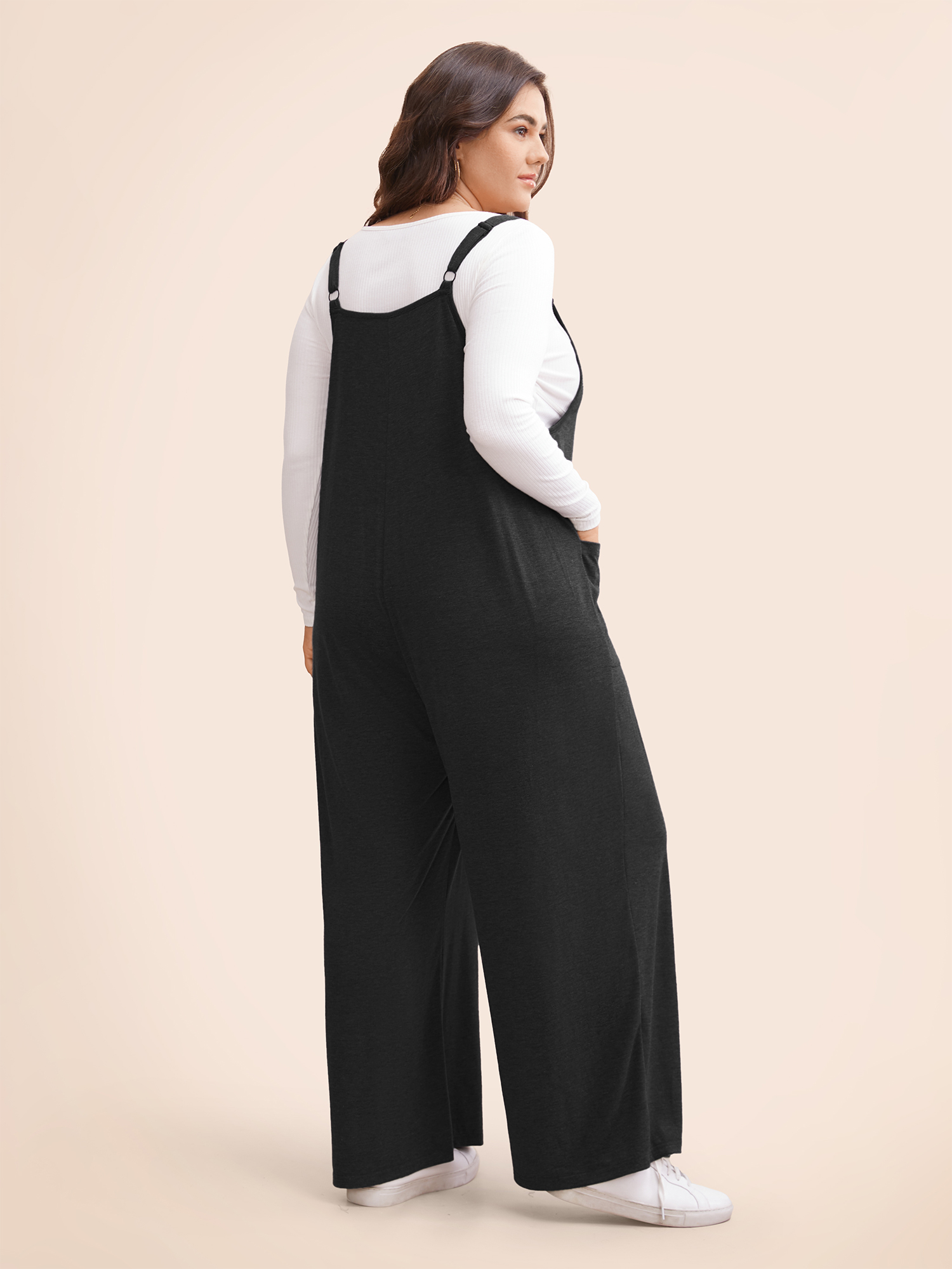 

Plus Size Black Supersoft Essentials Solid Patched Pocket Overall Cami Jumpsuit Women Casual Sleeveless Spaghetti Strap Dailywear Loose Jumpsuits BloomChic