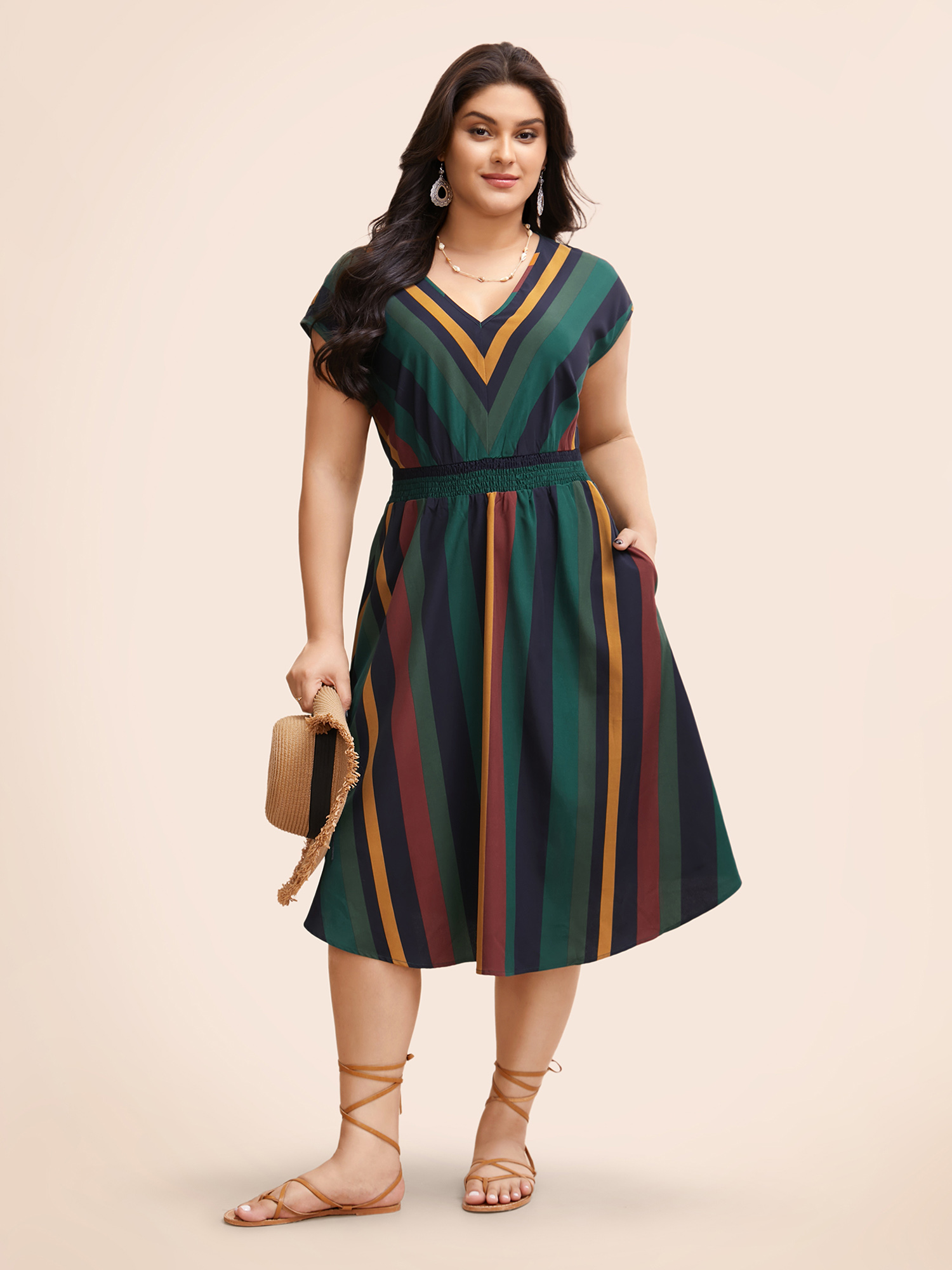 

Plus Size Striped Shirred Cap Sleeve Midi Dress Multicolor Women Resort Shirred V-neck Cap Sleeve Curvy BloomChic