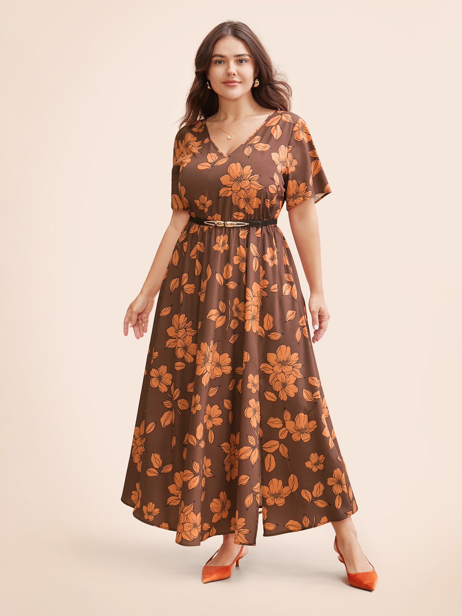 

Plus Size Floral Elastic Waist Split Front Dress Browncoffeecolor Women Elegant Slit V-neck Short sleeve Curvy BloomChic