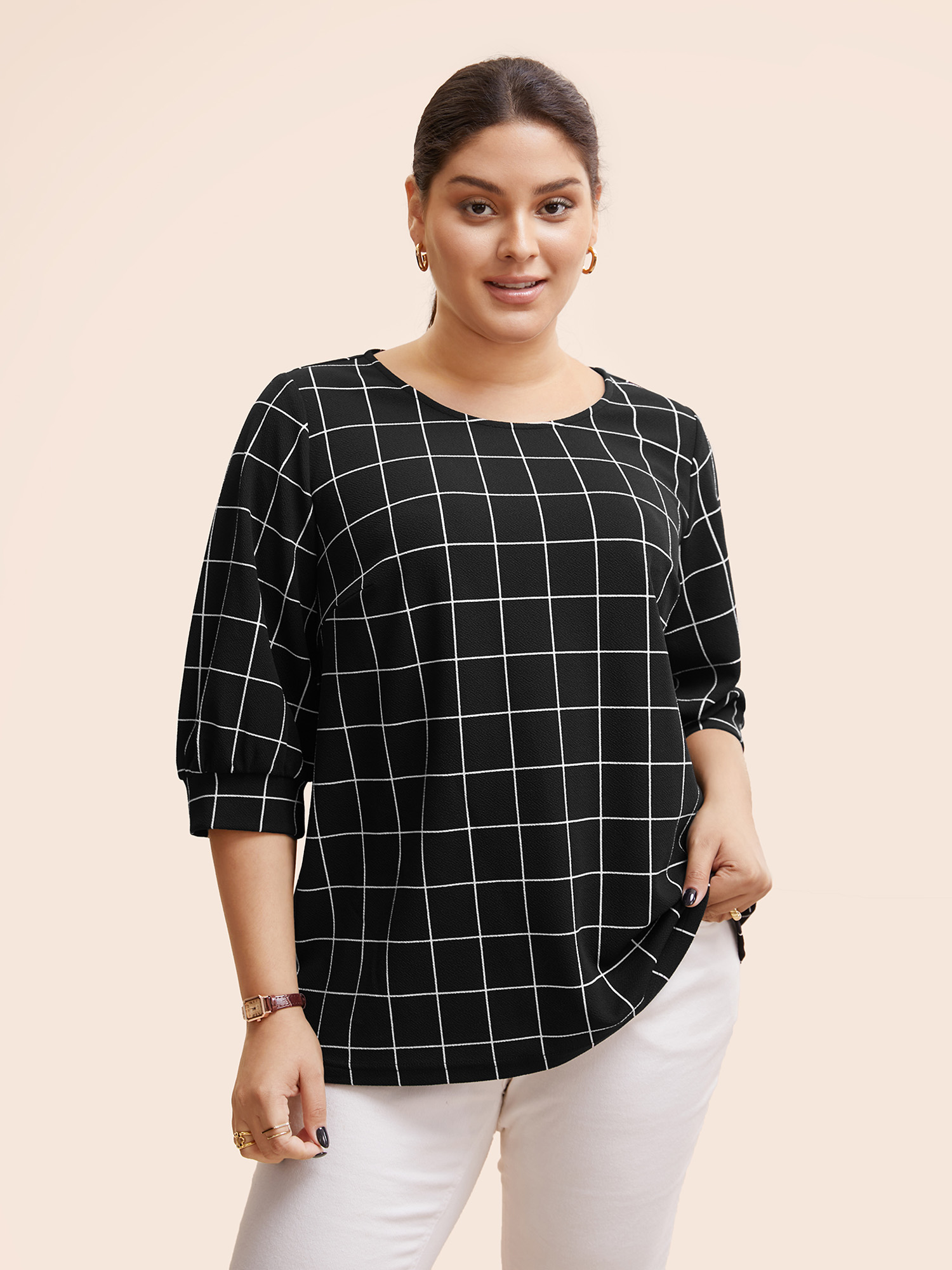 

Plus Size Plaid Round Neck Lantern Sleeve T-shirt Black Women At the Office Printed Plaid Round Neck Work T-shirts BloomChic