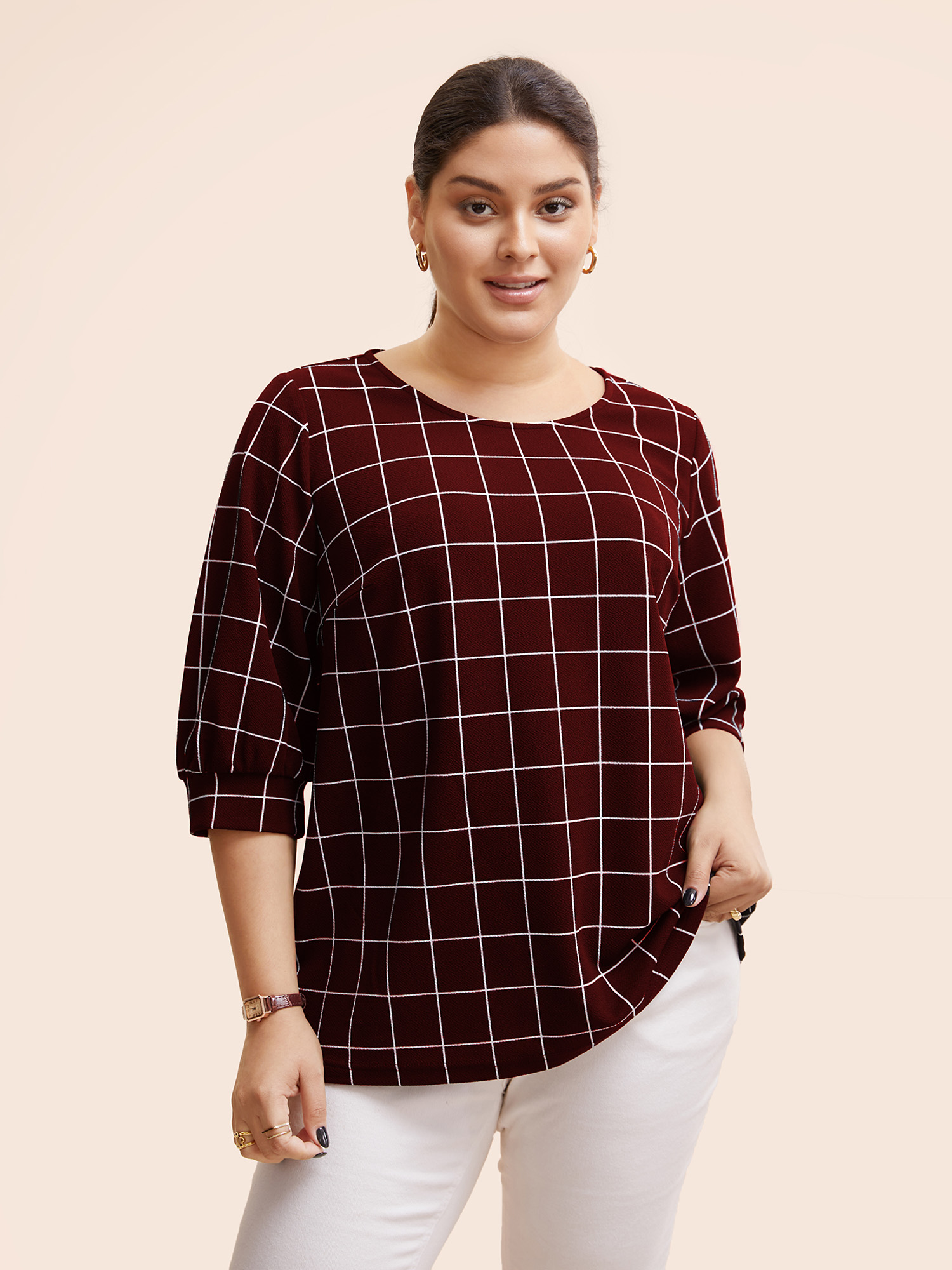 

Plus Size Plaid Round Neck Lantern Sleeve T-shirt Burgundy Women At the Office Printed Plaid Round Neck Work T-shirts BloomChic