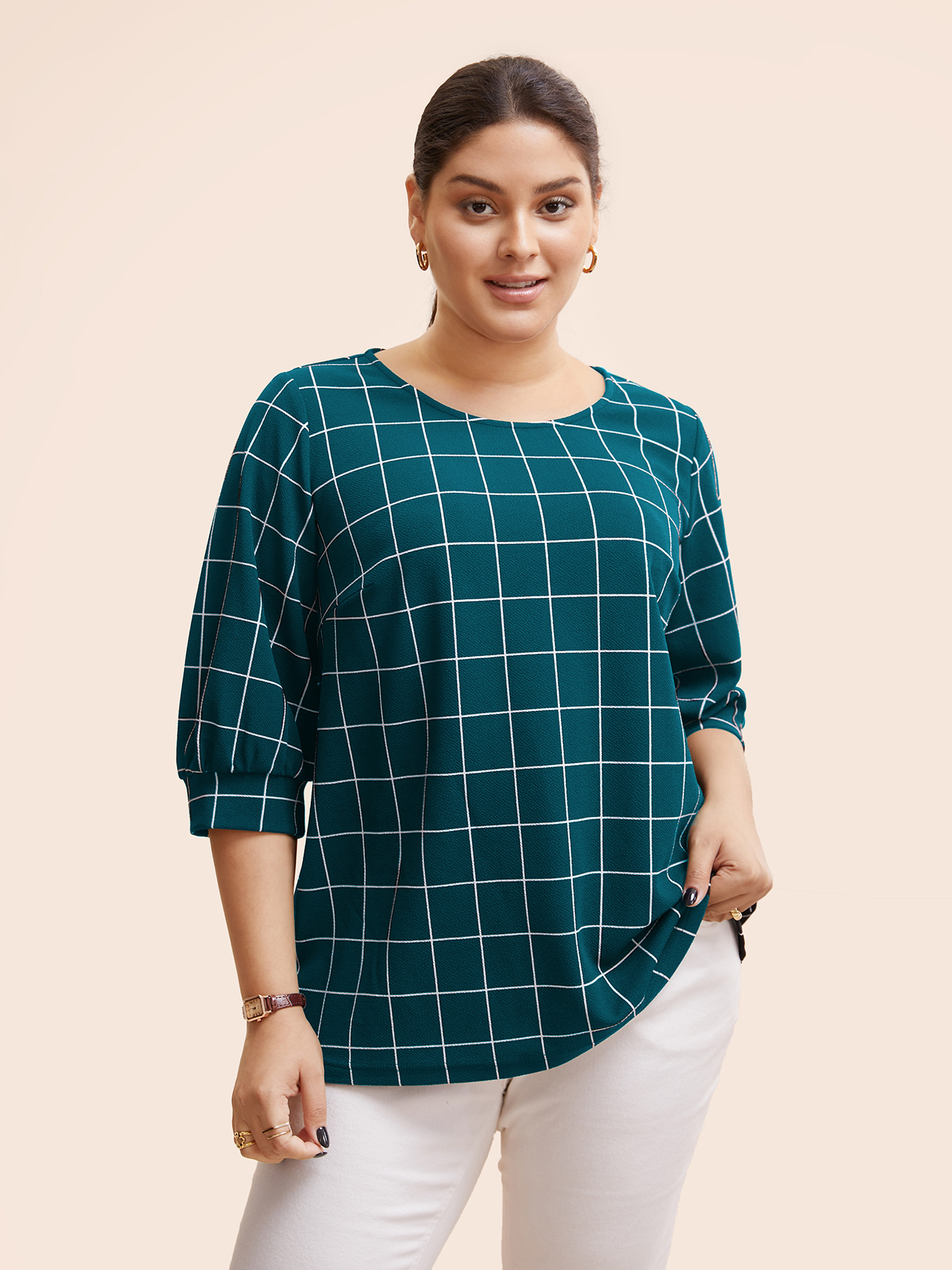 

Plus Size Plaid Round Neck Lantern Sleeve T-shirt Cyan Women At the Office Printed Plaid Round Neck Work T-shirts BloomChic