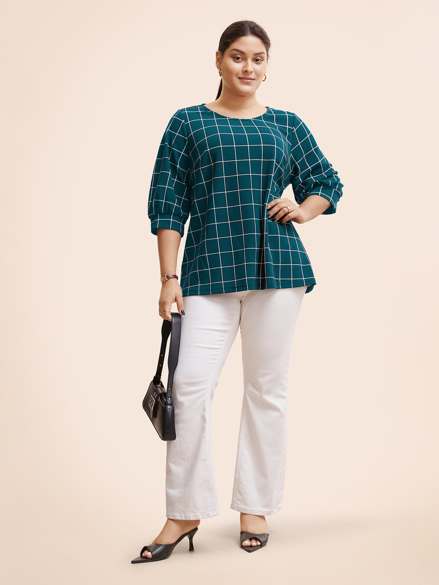 Plus Size Plaid Round Neck Lantern Sleeve T-shirt Cyan Women At the Office Printed Plaid Round Neck Work T-shirts BloomChic 12/L 