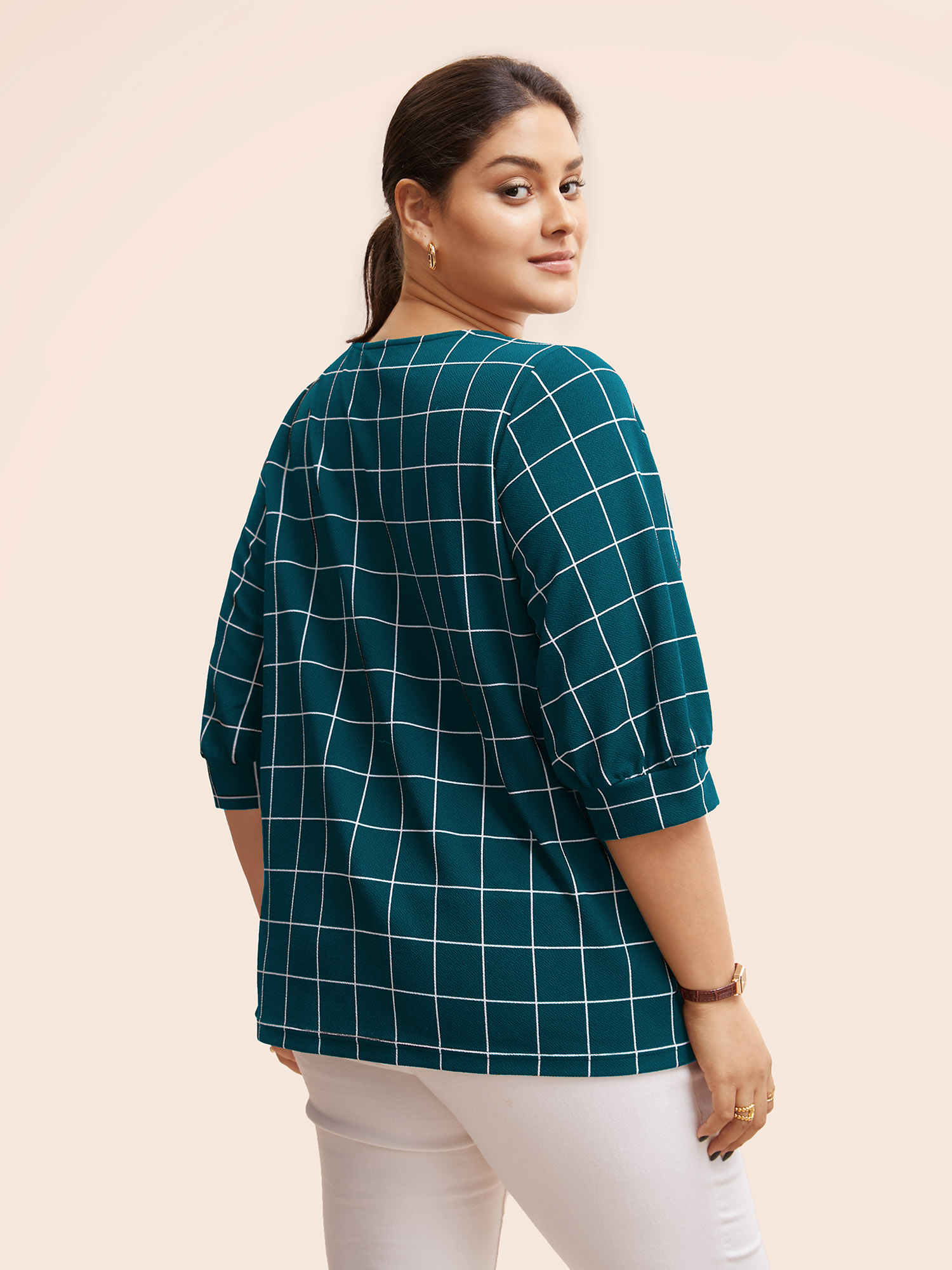 Plus Size Plaid Round Neck Lantern Sleeve T-shirt Cyan Women At the Office Printed Plaid Round Neck Work T-shirts BloomChic 12/L 