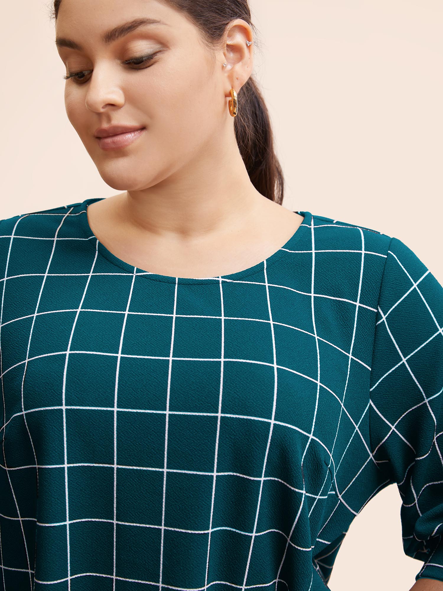 Plus Size Plaid Round Neck Lantern Sleeve T-shirt Cyan Women At the Office Printed Plaid Round Neck Work T-shirts BloomChic 12/L 