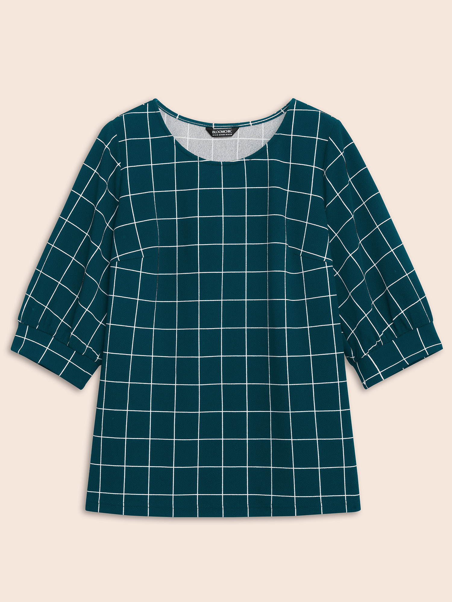 Plus Size Plaid Round Neck Lantern Sleeve T-shirt Cyan Women At the Office Printed Plaid Round Neck Work T-shirts BloomChic 12/L 