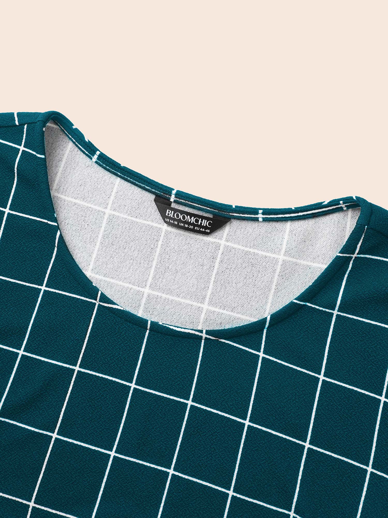 Plus Size Plaid Round Neck Lantern Sleeve T-shirt Cyan Women At the Office Printed Plaid Round Neck Work T-shirts BloomChic 12/L 