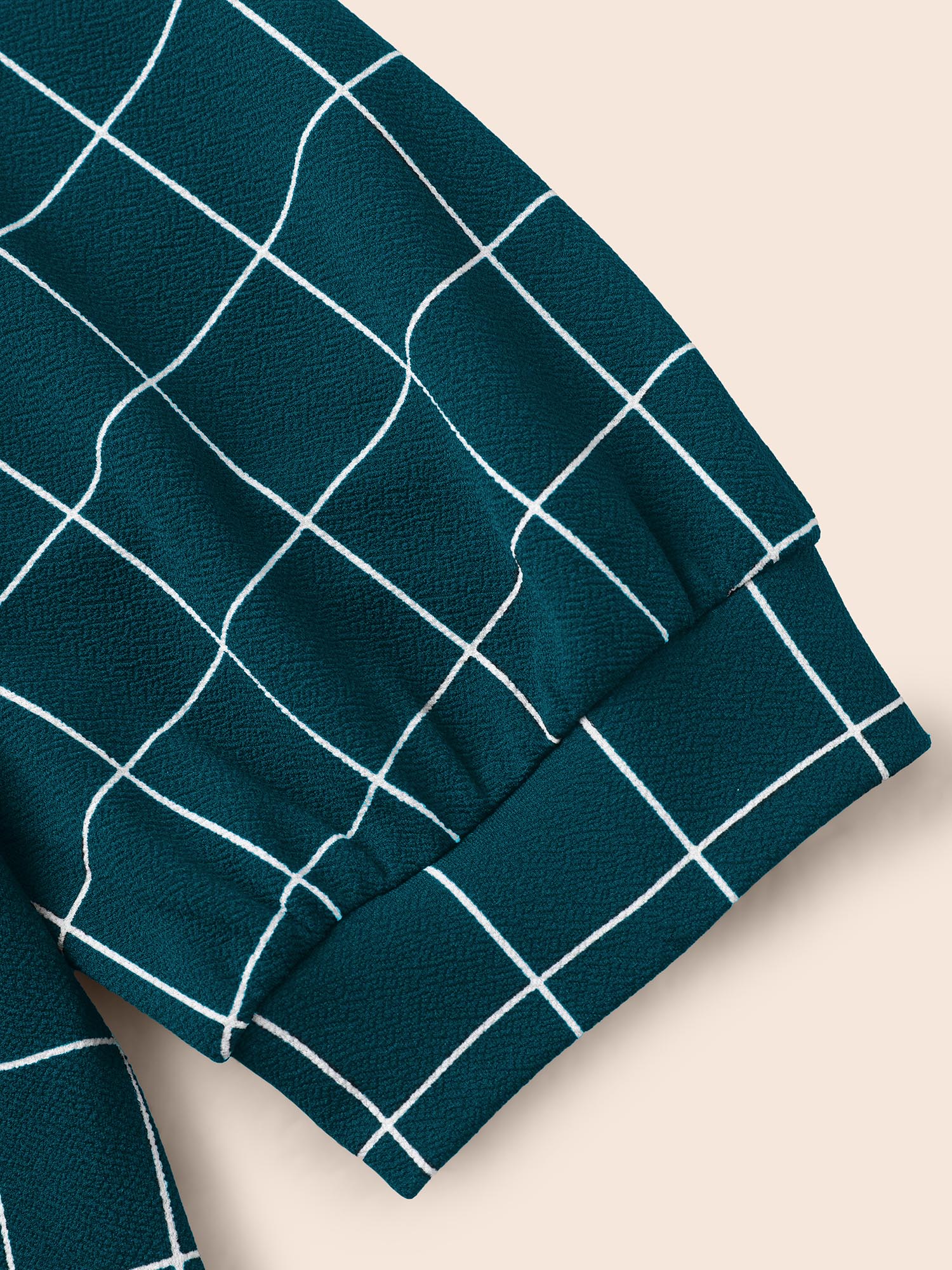 Plus Size Plaid Round Neck Lantern Sleeve T-shirt Cyan Women At the Office Printed Plaid Round Neck Work T-shirts BloomChic 12/L 