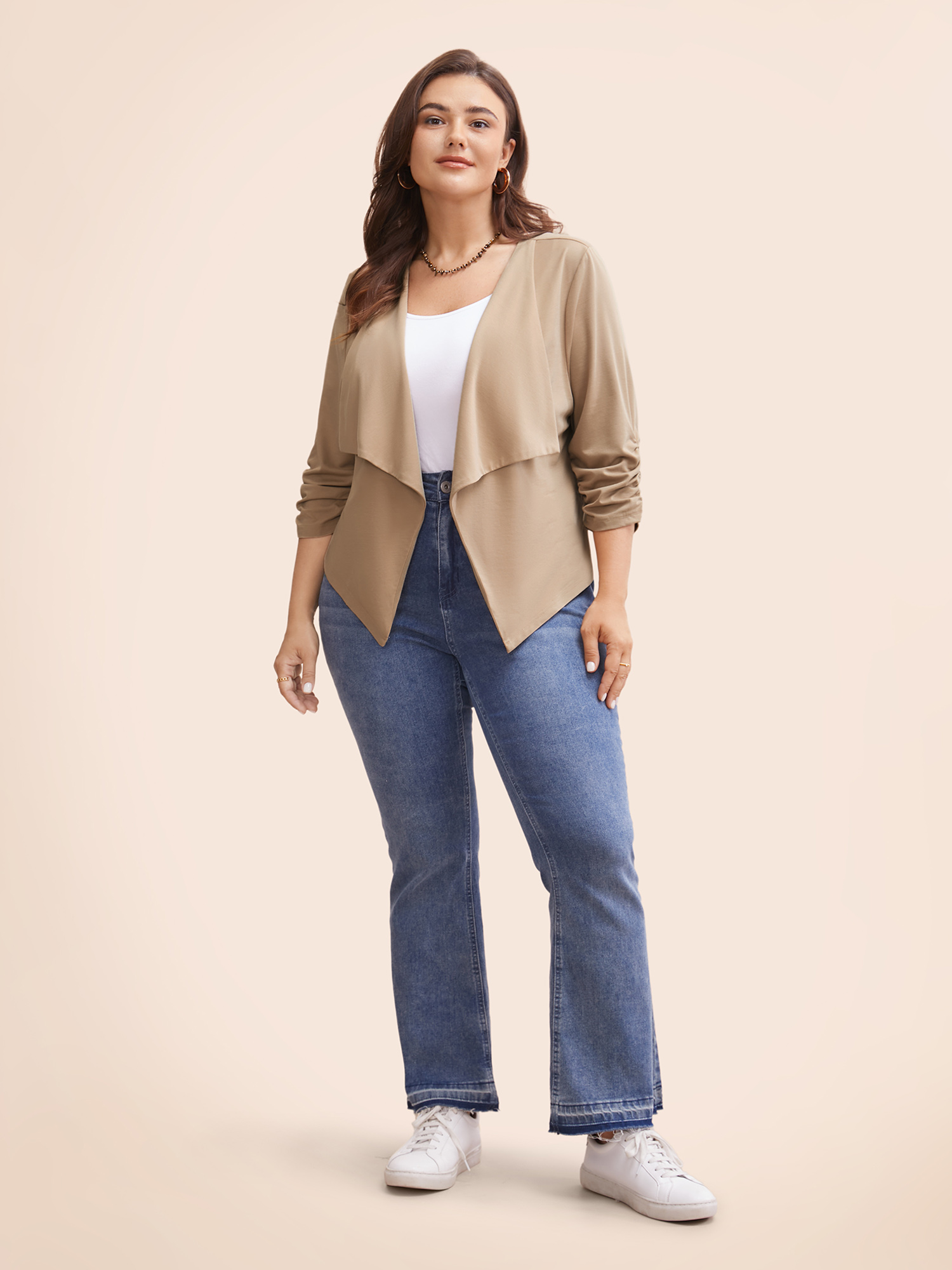 

Plus Size Lapel Collar Solid Gathered Jacket Women Tan Gathered Everyday Jackets BloomChic