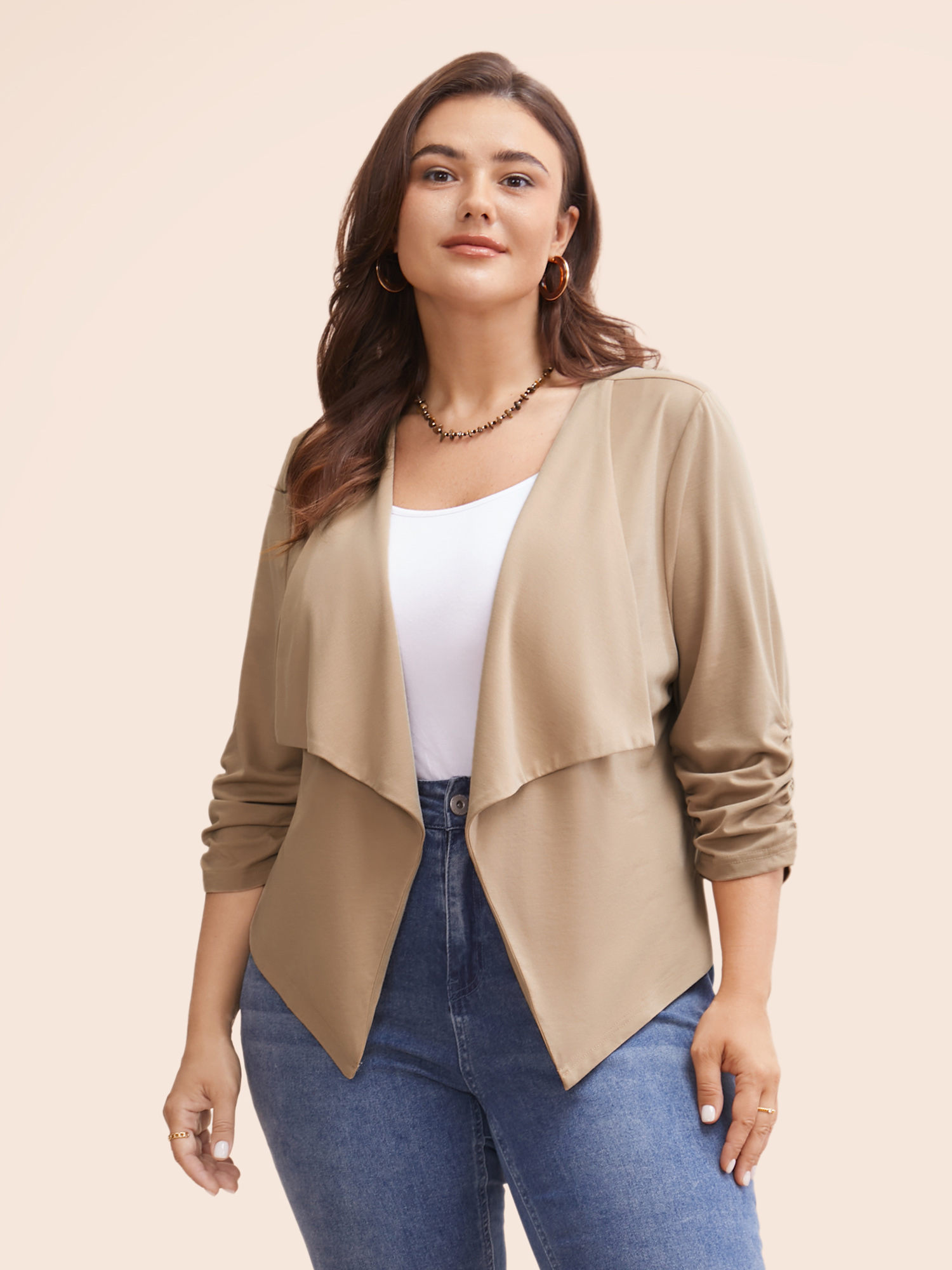 

Plus Size Lapel Collar Solid Gathered Jacket Women Tan Gathered Everyday Jackets BloomChic