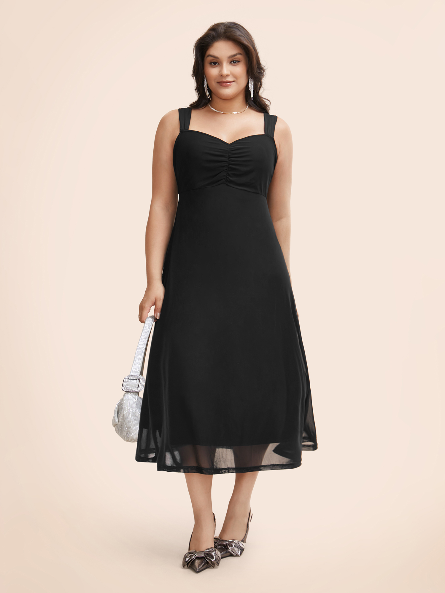 

Plus Size Heart Neckline See Through Gathered Dress Black Women Formal Gathered Heart neckline Sleeveless Curvy BloomChic