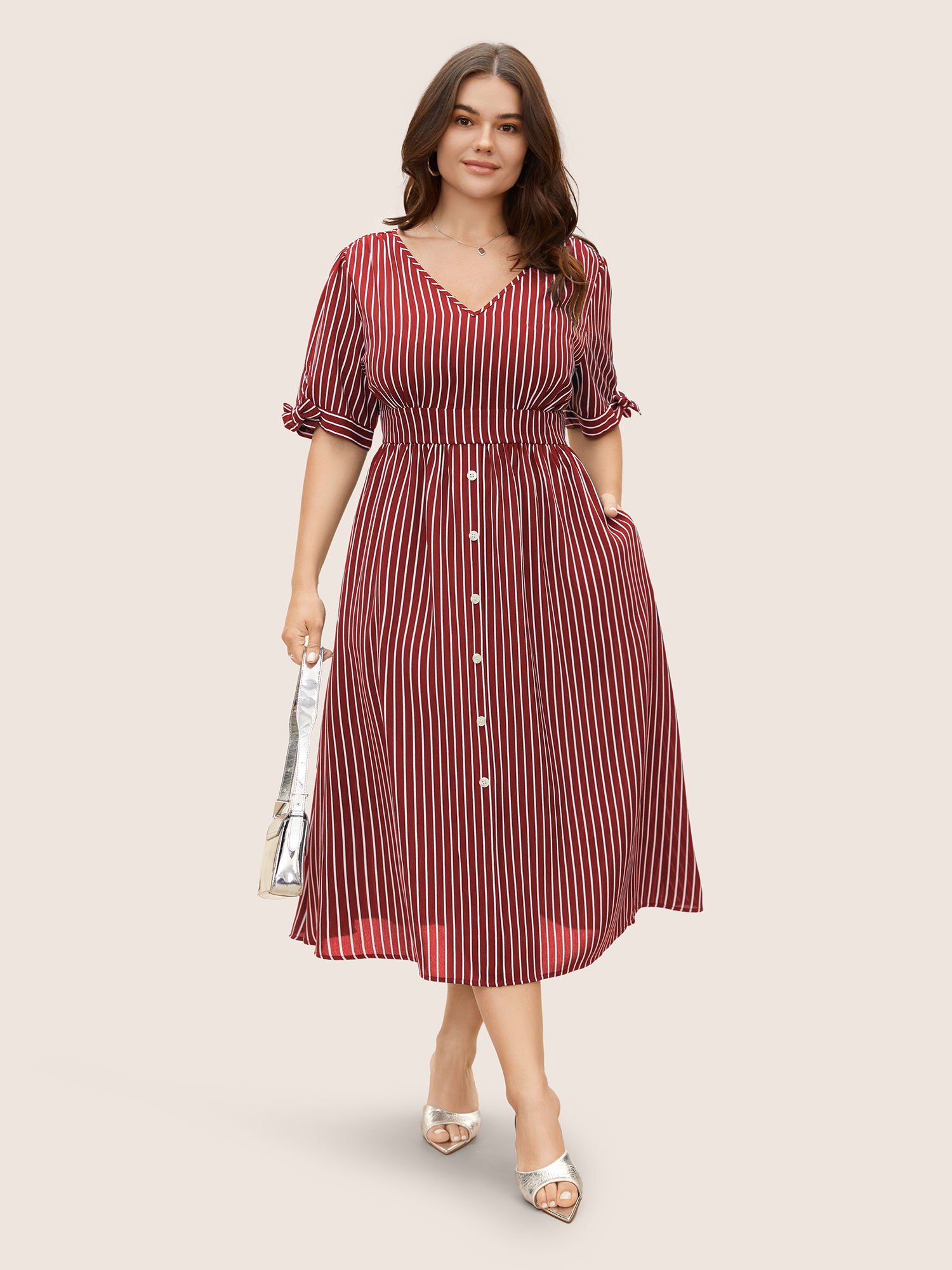 

Plus Size Striped Knot Sleeve Button Detail Dress Scarlet Women At the Office Tie knot V-neck Short sleeve Curvy BloomChic