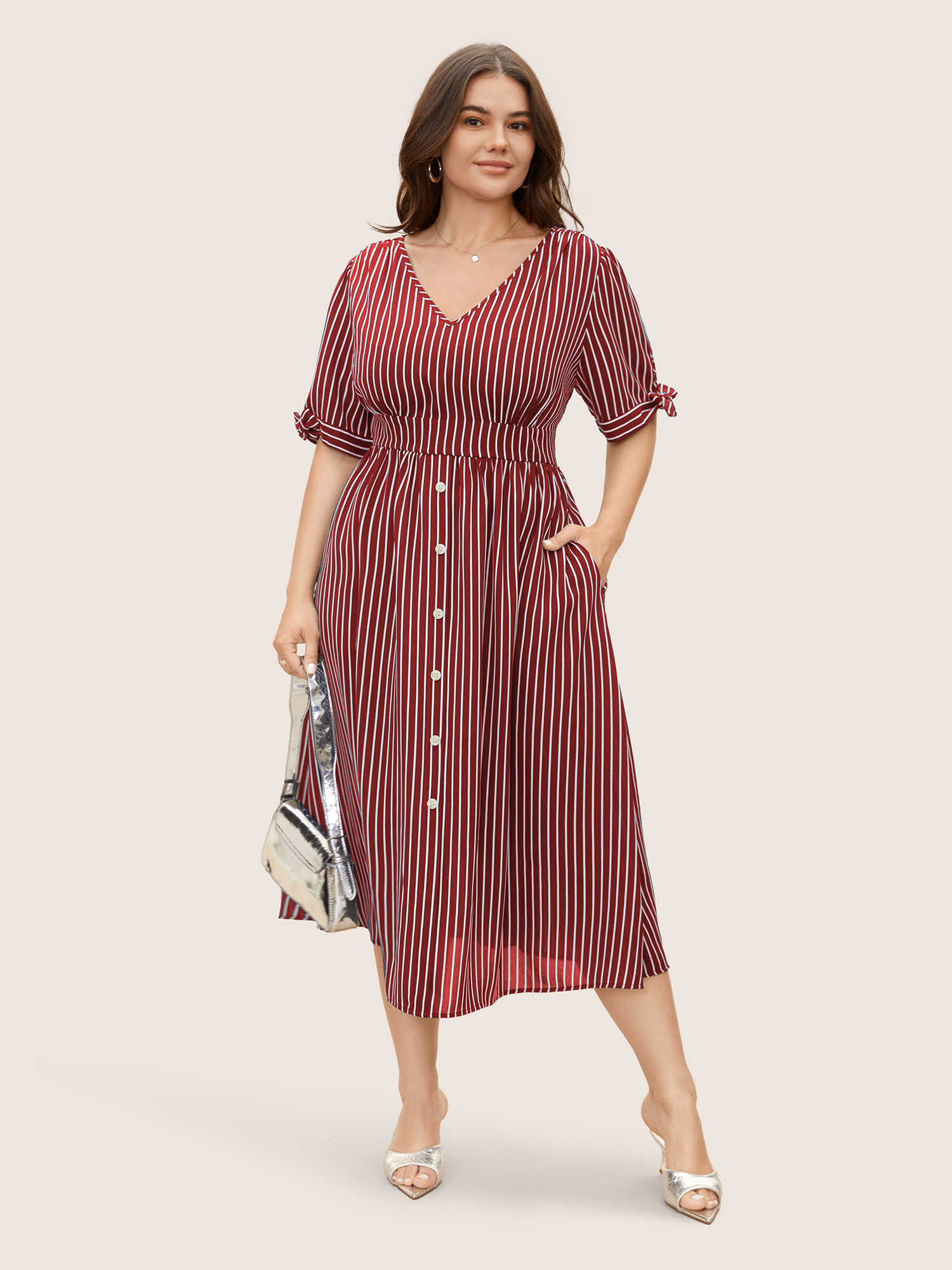 

Plus Size Striped Knot Sleeve Button Detail Dress Scarlet Women At the Office Tie knot V-neck Short sleeve Curvy BloomChic