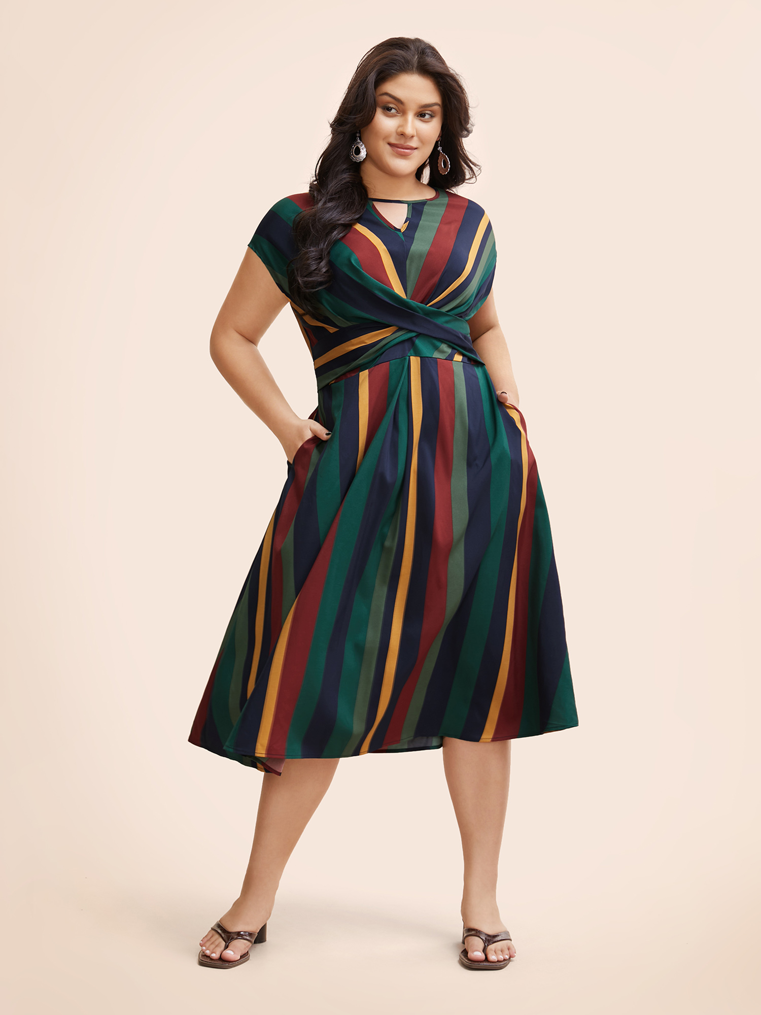 

Plus Size Striped Crossover Shirred Cap Sleeve Dress Multicolor Women Resort Twist Round Neck Cap Sleeve Curvy BloomChic