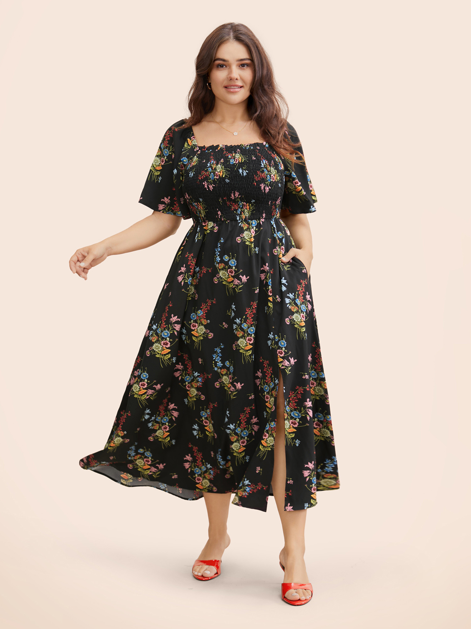 

Plus Size Ditsy Floral Shirred Split Hem Dress Black Women Elegant Frill Trim Square Neck Short sleeve Curvy BloomChic