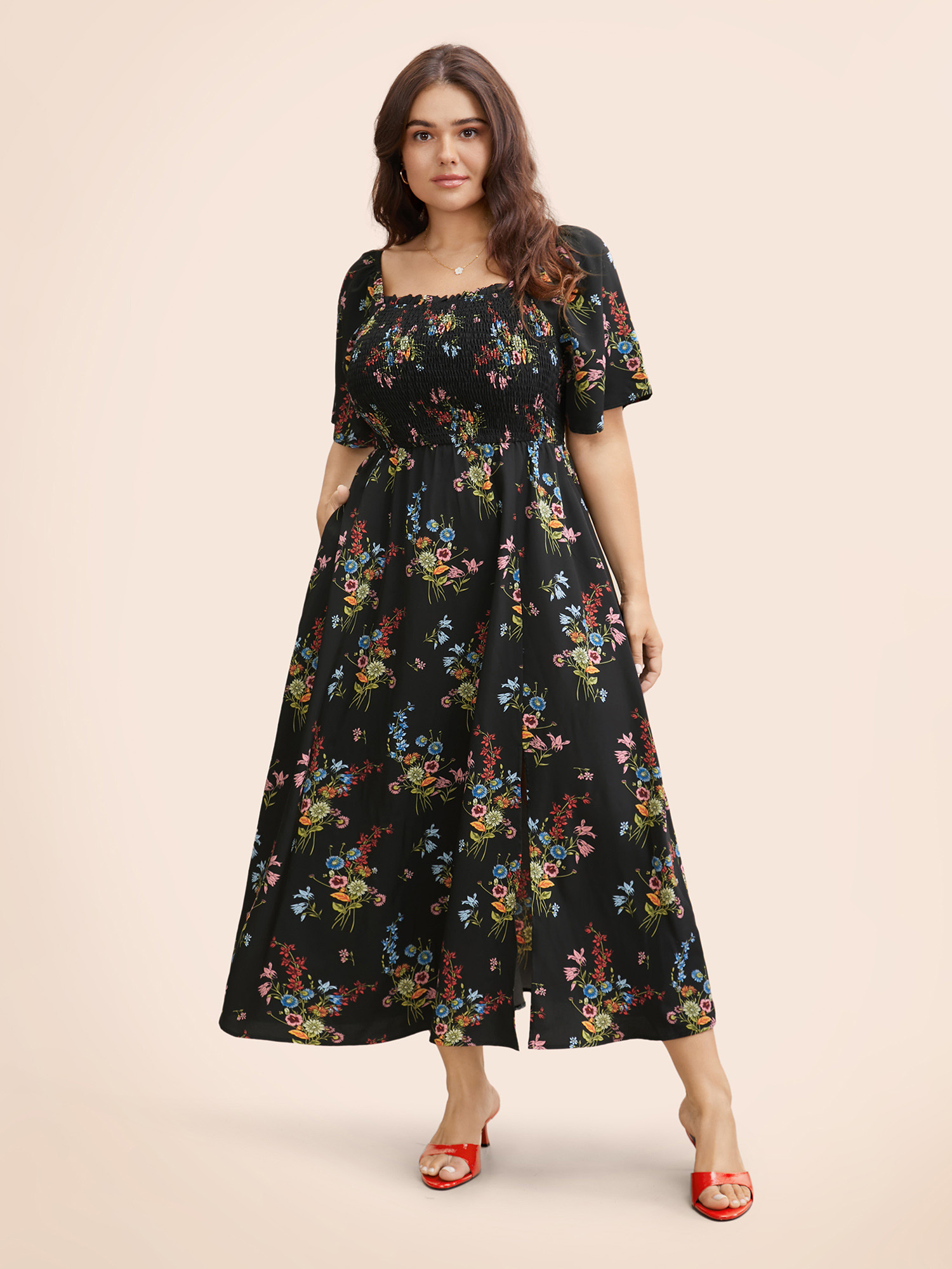 

Plus Size Ditsy Floral Shirred Split Hem Dress Black Women Elegant Frill Trim Square Neck Short sleeve Curvy BloomChic