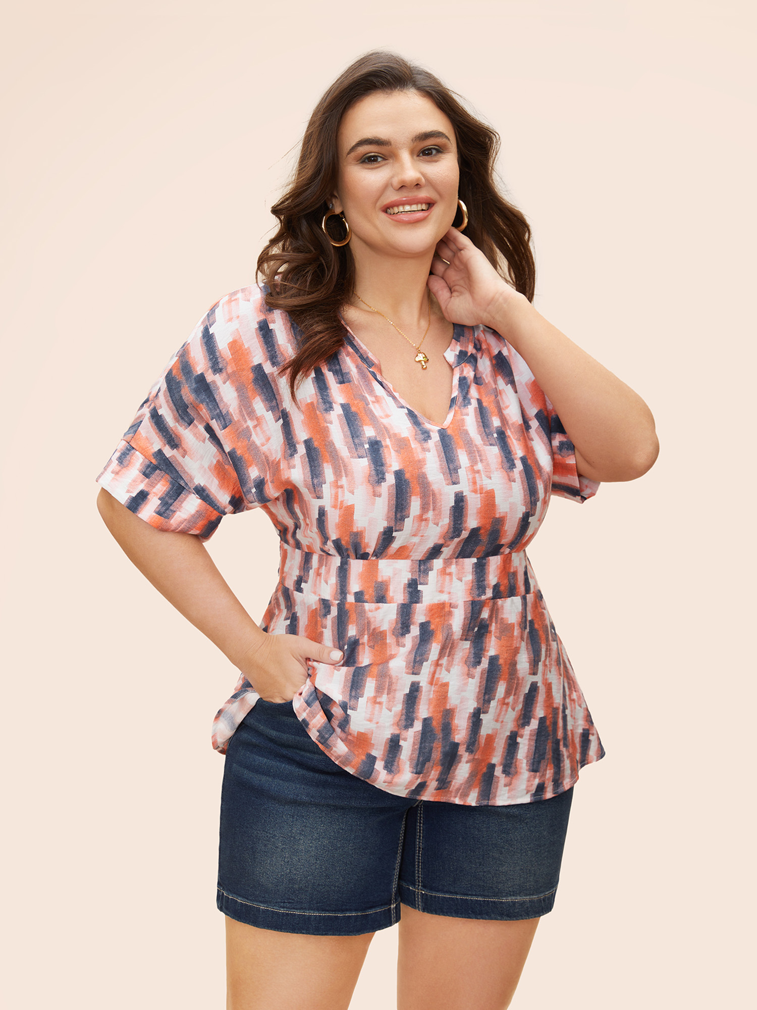 

Plus Size OrangeRed Brush Print Shirred Split Neck Blouse Women Casual Half Sleeve Flat collar with V-notch Everyday Blouses BloomChic