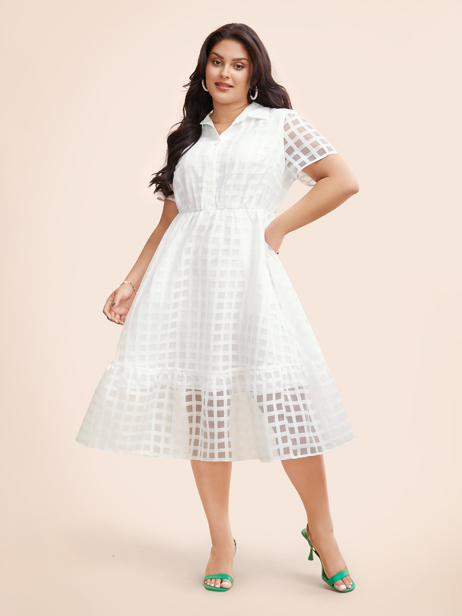 

Plus Size Shirt Collar Gingham Mesh Button Up Dress Originalwhite Women Elegant Texture Shirt collar Short sleeve Curvy BloomChic