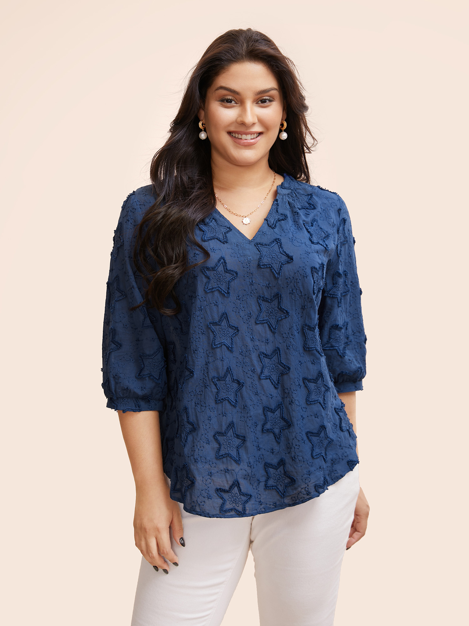 

Plus Size Indigo Star Embroidered Texture Lantern Sleeve Blouse Women Elegant Elbow-length sleeve Flat collar with V-notch Everyday Blouses BloomChic