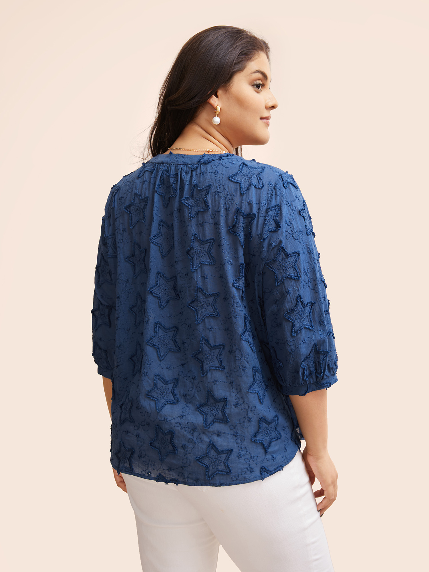 

Plus Size Indigo Cotton Star Jacquard Lantern Sleeve Blouse Women Elegant Elbow-length sleeve Flat collar with V-notch Everyday Blouses BloomChic