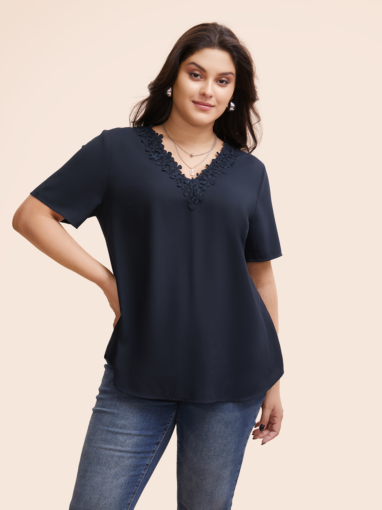 

Plus Size Indigo Solid V Neck Woven Ribbon Blouse Women Elegant Half Sleeve V-neck Everyday Blouses BloomChic