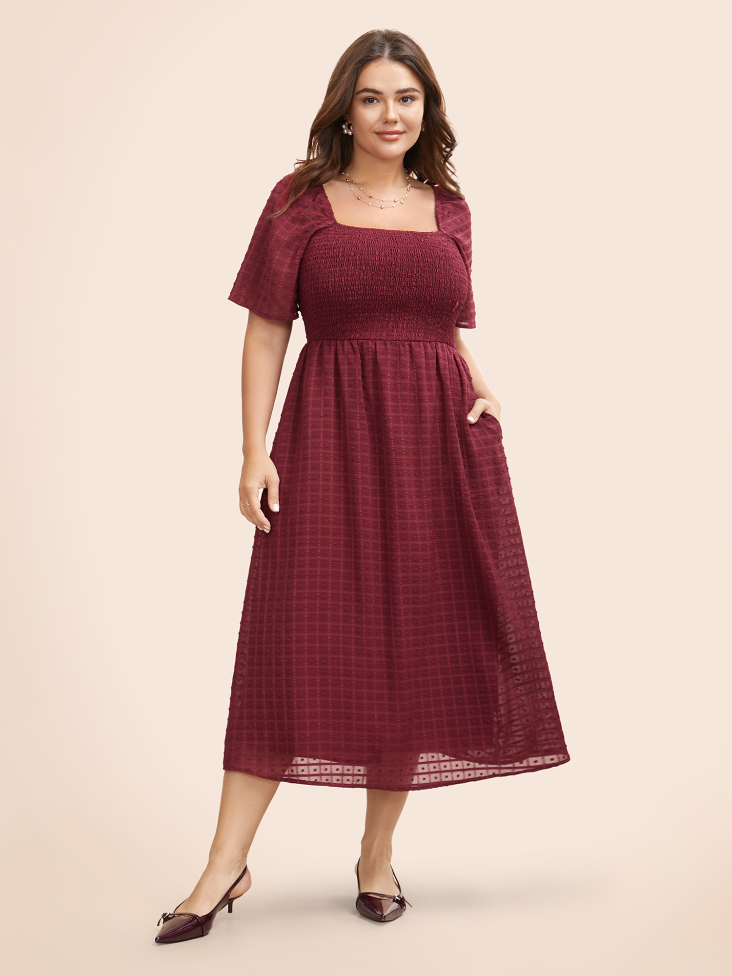 

Plus Size Square Neck Textured Shirred Midi Dress Burgundy Women Elegant Texture Square Neck Short sleeve Curvy BloomChic