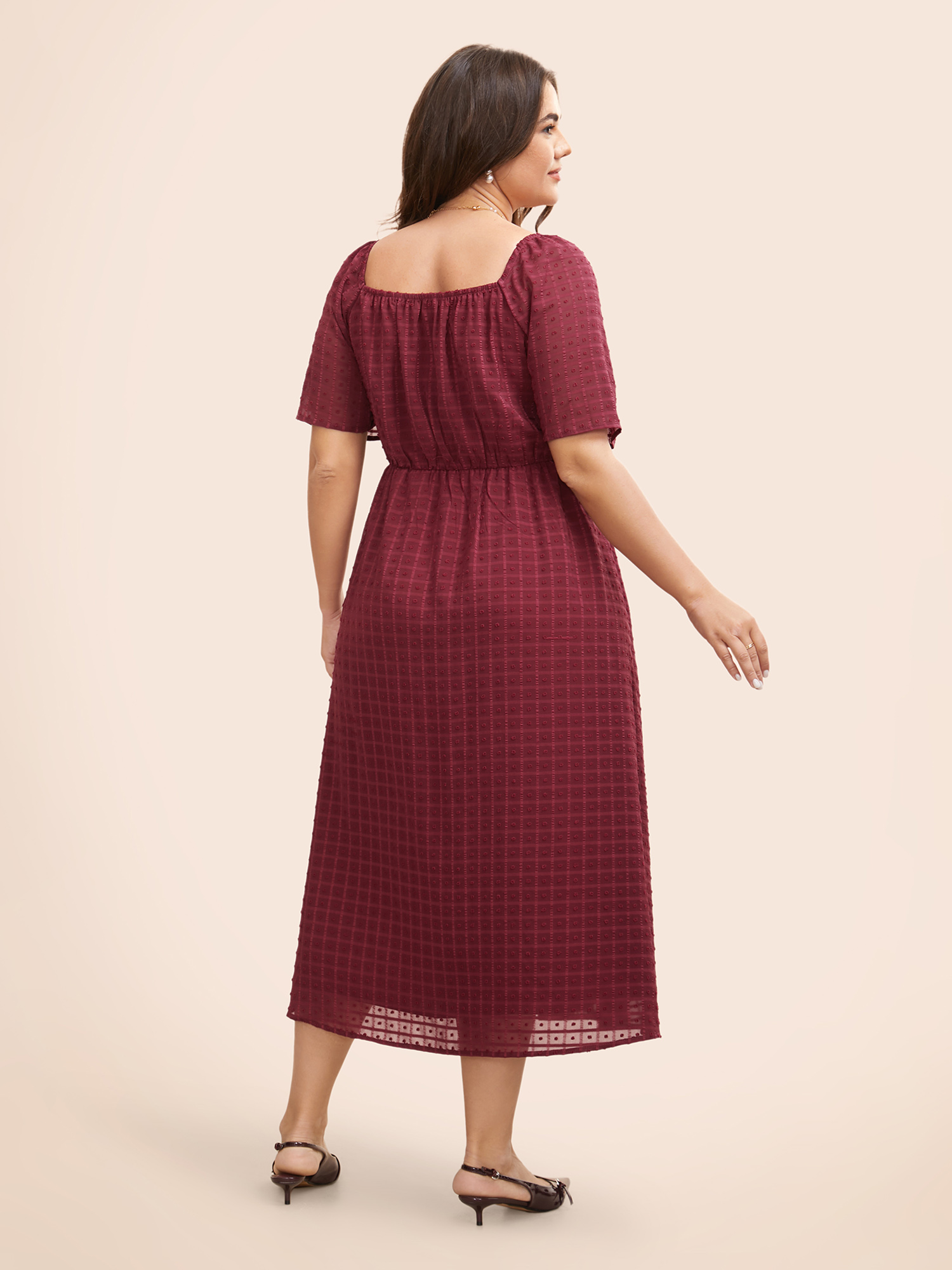 

Plus Size Square Neck Textured Shirred Midi Dress Burgundy Women Elegant Texture Square Neck Short sleeve Curvy BloomChic