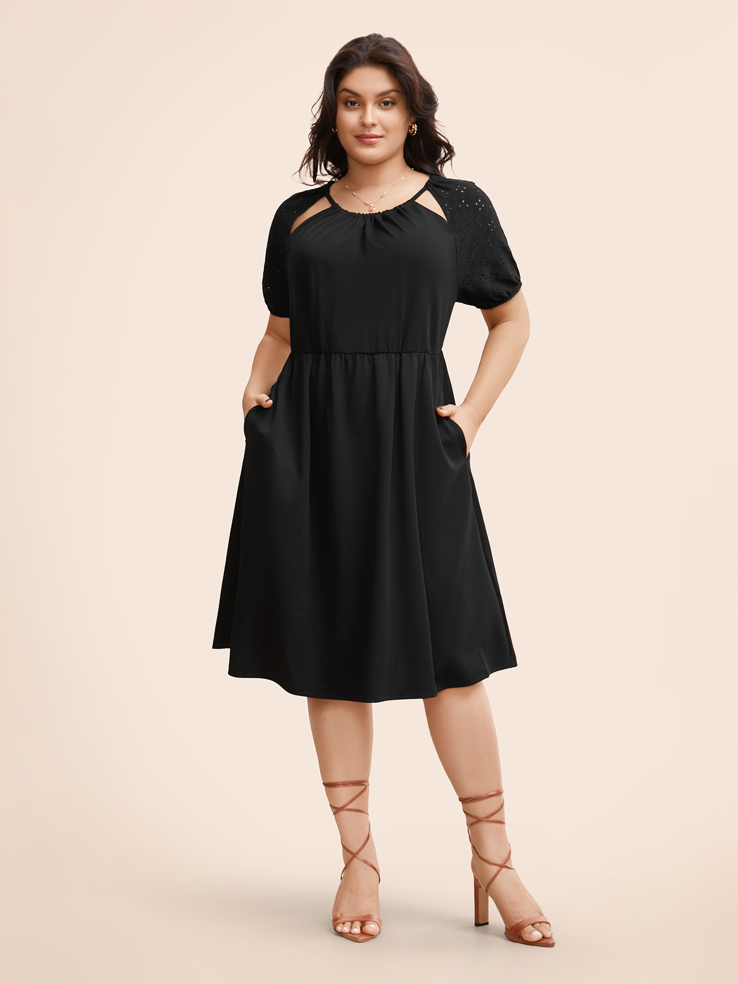 

Plus Size Solid Cut Out Gathered Puff Sleeve Dress Black Women Elegant Texture Round Neck Short sleeve Curvy BloomChic
