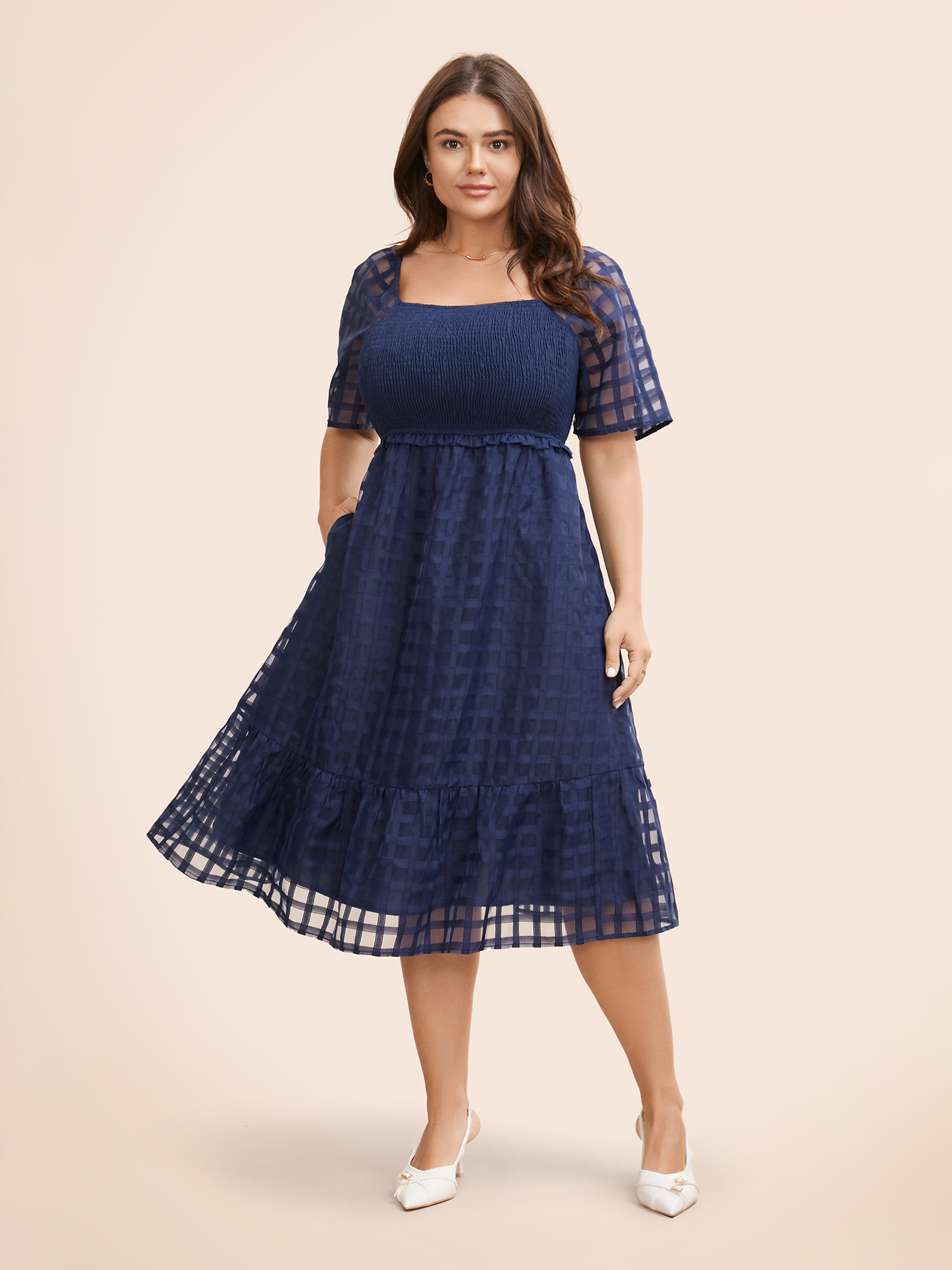 

Plus Size Gingham Texture Shirred Frill Trim Dress DarkBlue Women Elegant Texture Square Neck Short sleeve Curvy BloomChic